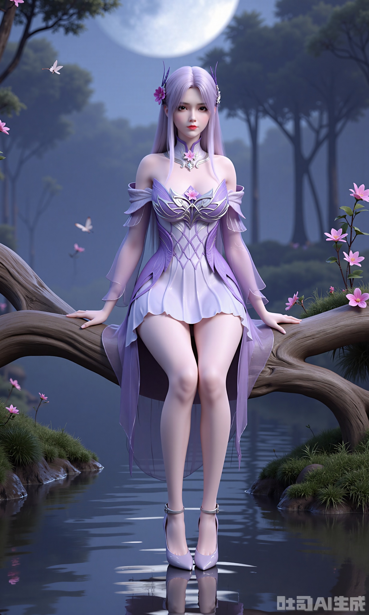 This is a 3D style virtual character illustration. In the picture, a female character wearing lilac clothes and light-colored high heels sits gracefully on the wood by the water. Her hair is decorated with feathers and flowers, and the background is the woods under the moonlit night, with butterflies flying and small flowers embellishing, creating a dreamy and mysterious atmosphere.xiaoyixian