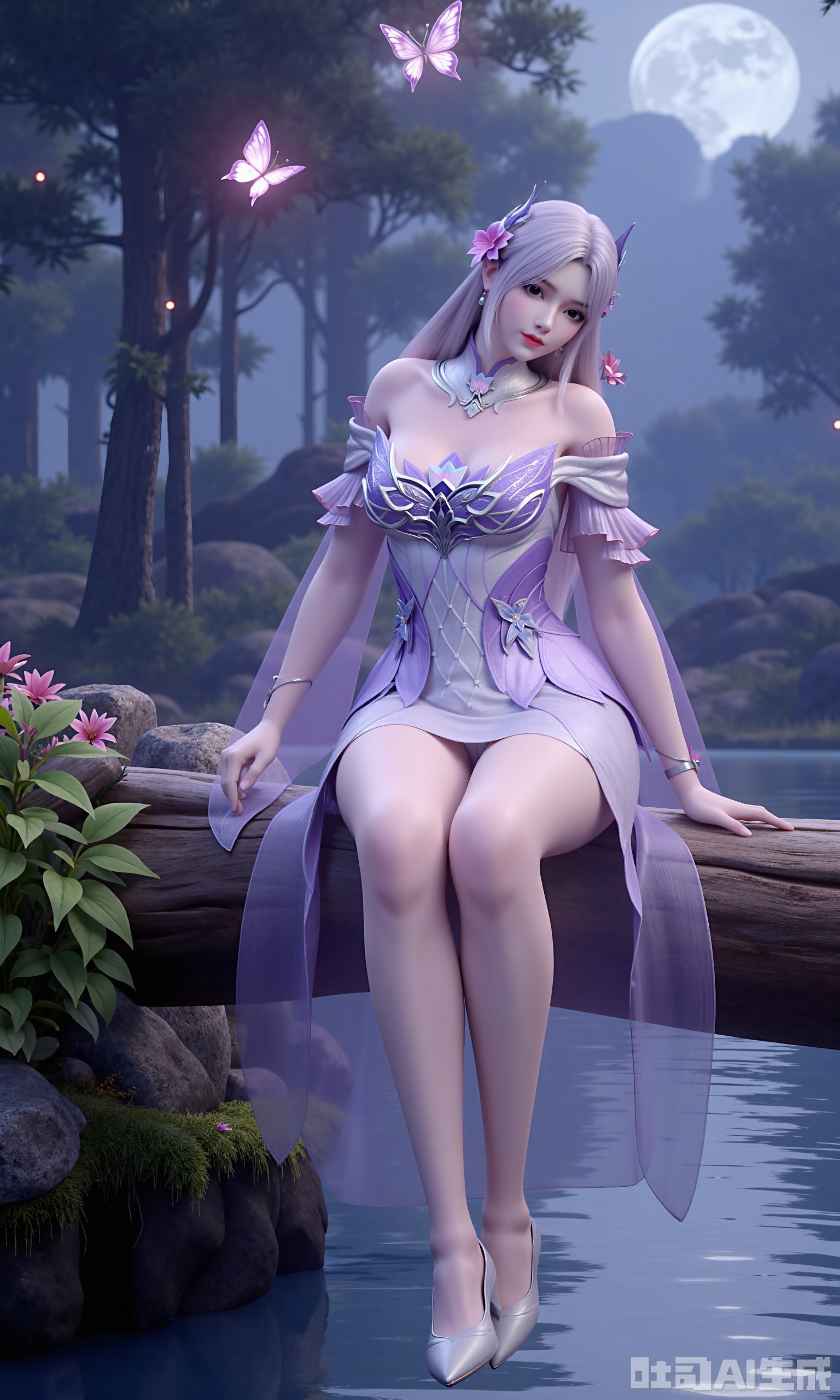 This is a 3D style virtual character illustration. In the picture, a female character wearing lilac clothes and light-colored high heels sits gracefully on the wood by the water. Her hair is decorated with feathers and flowers, and the background is the woods under the moonlit night, with butterflies flying and small flowers embellishing, creating a dreamy and mysterious atmosphere.xiaoyixian
