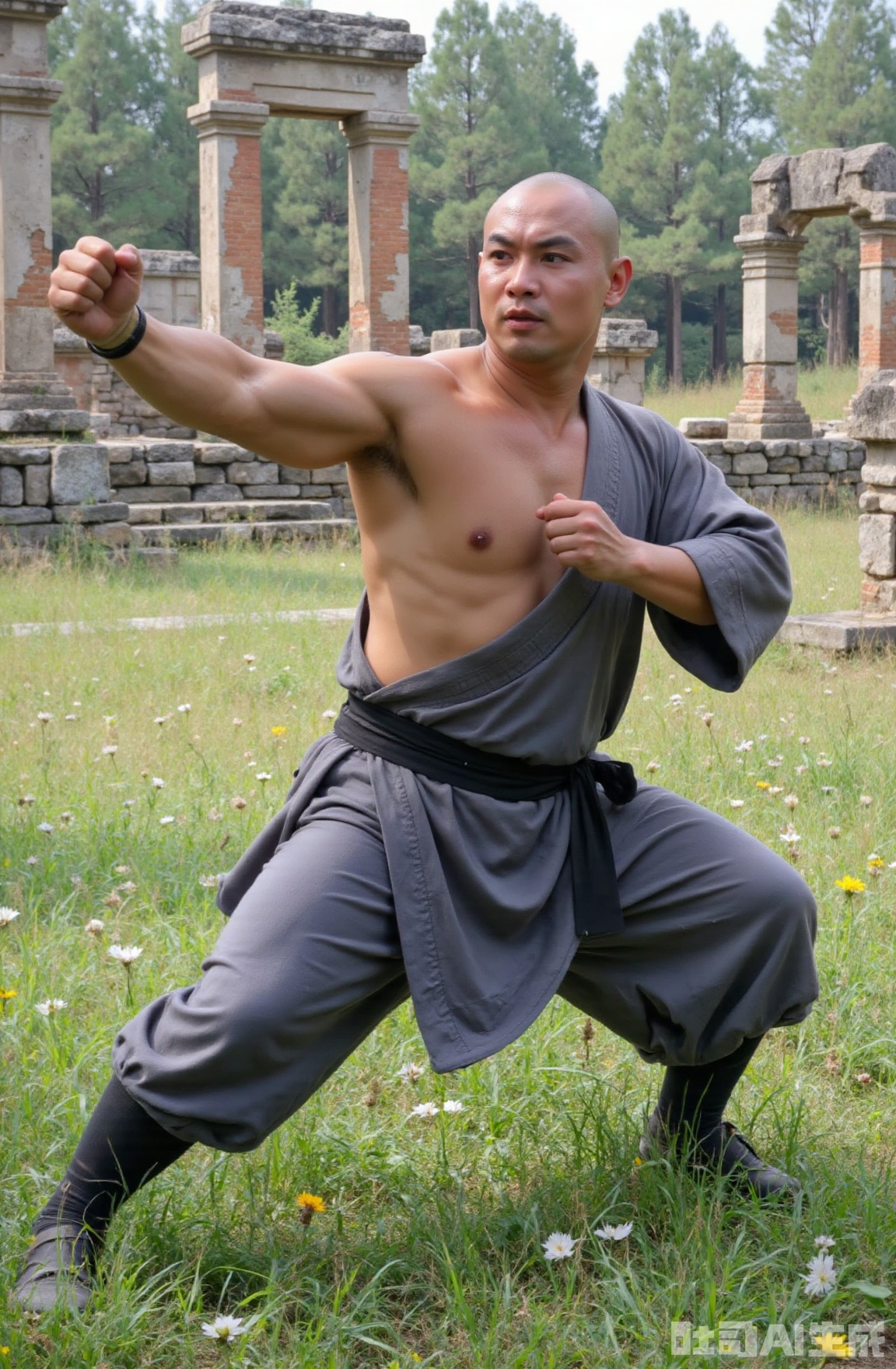 A semi shirtless Shaolin monk wearing a gray monk's robe and a black belt practices martial arts under the scorching sun, in an environment with ancient architectural ruins and grasslands. He is sweating profusely,fat and strong