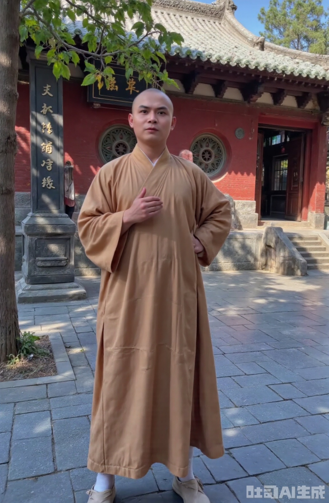 A monk wearing plain monk's robe stood in the Shaolin Temple. He stood up on his chest with one hand on his back behind his back, his figure straight, and the quaint eaves of the palace and the blue brick floor could be seen around him. The sunlight shone mottled light and shadow through the leaves.