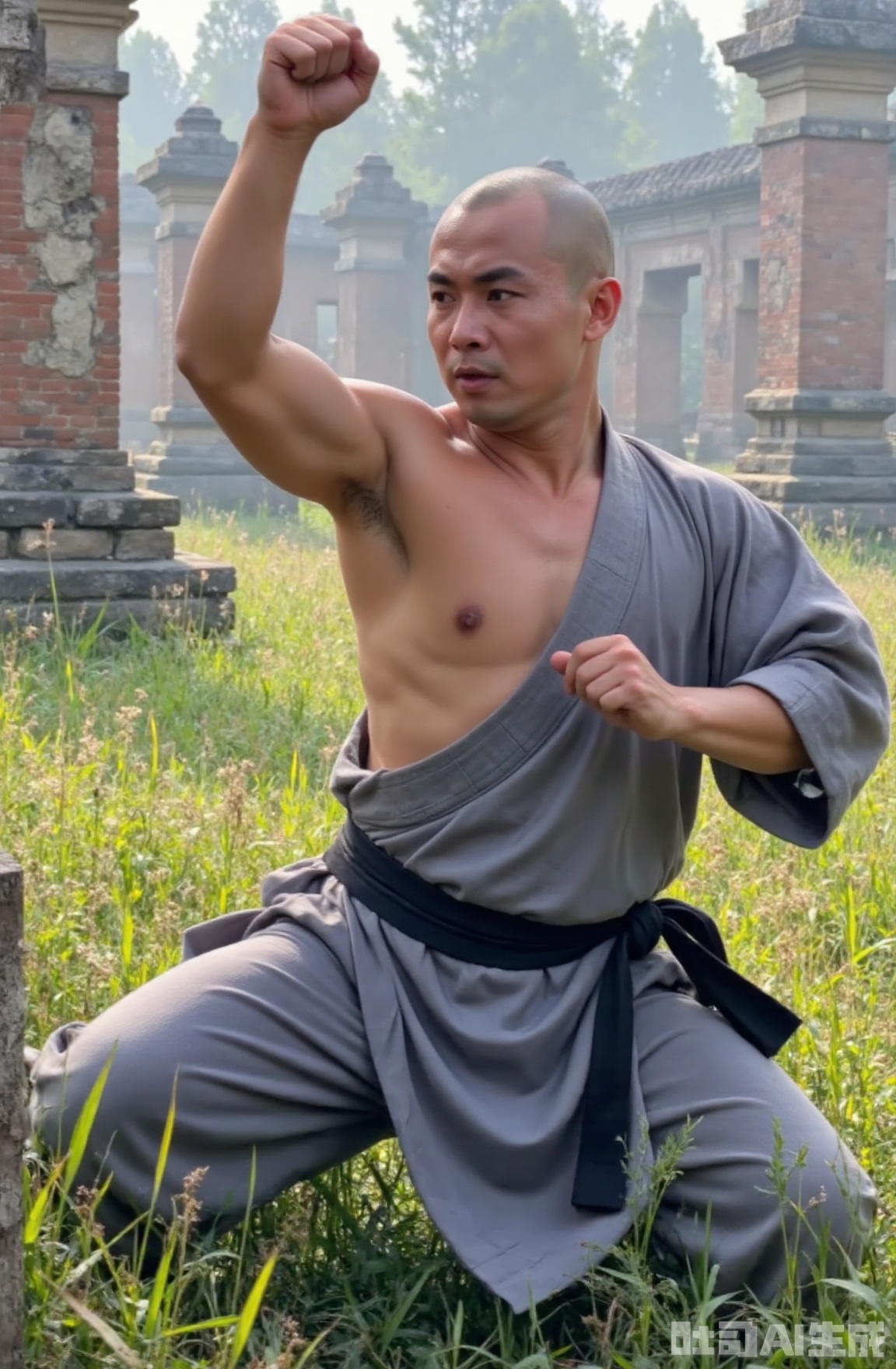 A semi shirtless Shaolin monk wearing a gray monk's robe and a black belt practices martial arts under the scorching sun, in an environment with ancient architectural ruins and grasslands. He is sweating profusely