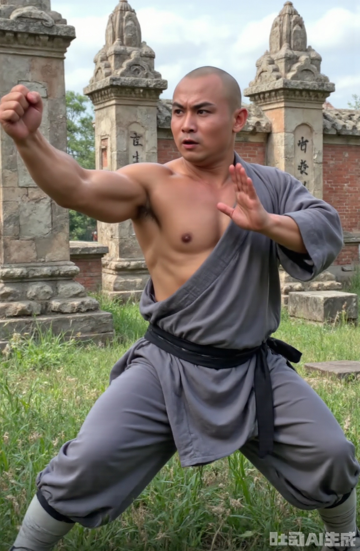 A semi shirtless Shaolin monk wearing a gray monk's robe and a black belt practices martial arts under the scorching sun, in an environment with ancient architectural ruins and grasslands. He is sweating profusely,fat and strong