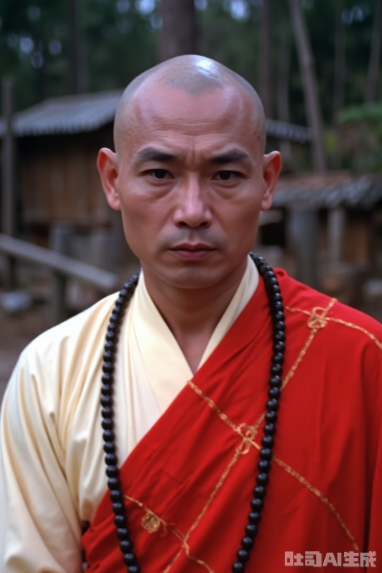 1man,monk,bald,solo,looking at viewer,necklace,blurry,
beads,realistic,prayer beads,white Monk's robe,
Red monk robe decorated with golden lines,