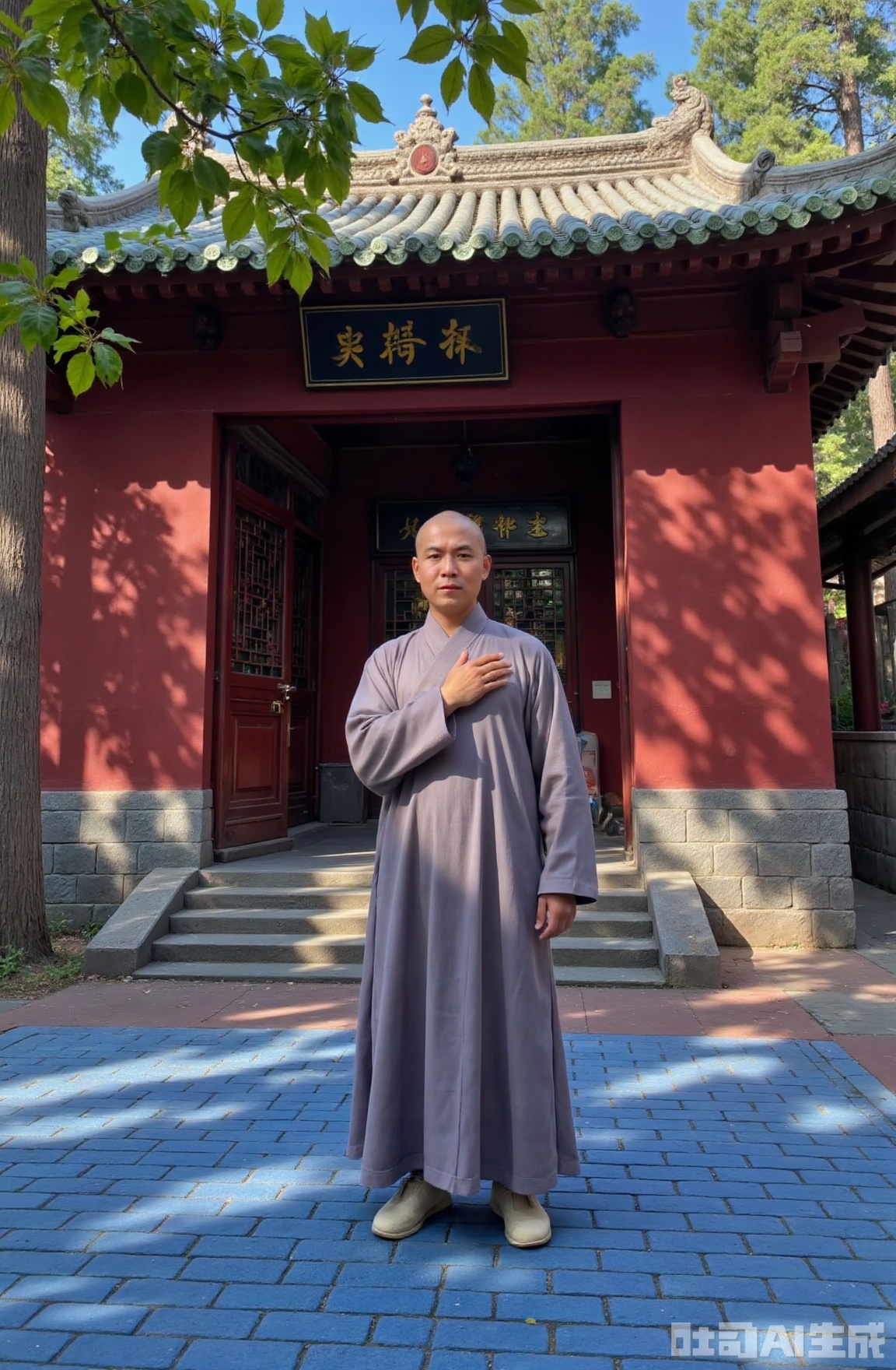 A monk wearing plain monk's robe stood in the Shaolin Temple. He stood up on his chest with one hand on his back behind his back, his figure straight, and the quaint eaves of the palace and the blue brick floor could be seen around him. The sunlight shone mottled light and shadow through the leaves.