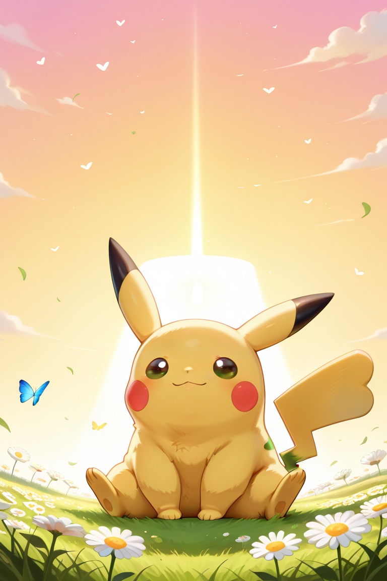 A chibi-style Pokémon with soft pastel features (think: rounded cheeks,  wide innocent eyes),  The Pikachu has tiny on Ten...