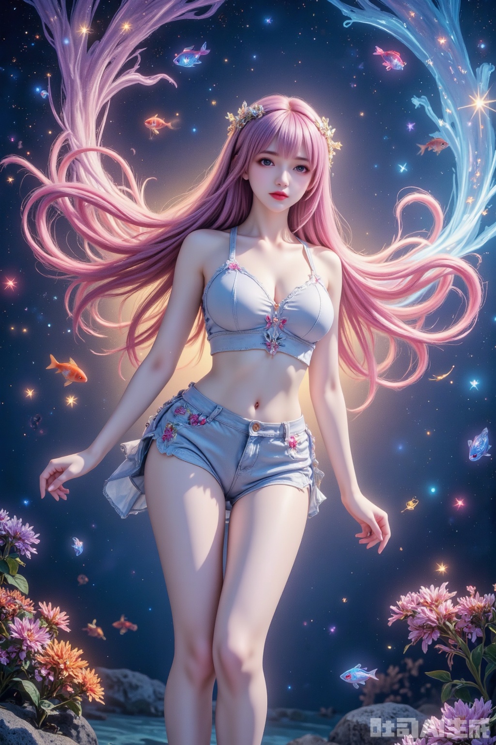 Masterpiece, best quality, high quality, (colorful), small chest, (pink hair: 1.4), (long legs: 1.3),((masterpiece)),(((best quality))),(ultra-detailed),(best illustration),(best illumination, best shadow),((an extremely delicate and beautiful)),masterpiece,best quality,high Realistic photo,pov kiss,A vibrant young girl (16-18 years old) floats in an abstract musical cosmos, her semi-translucent skin pulsing with rainbow-hued musical notes, her irises textured like vinyl records, and her long colorful hair drifting like animated staves. The background merges Van Gogh-style swirling nebulae with Picasso-esque cubist soundwaves,
Treble Range: Crystal blue and cherry blossom pink particles orbit her head,
cyberpunk,steampunk,raypunk,flamboyant,Sacred,stardust,ocean,Golden ring,fishes,mate,
