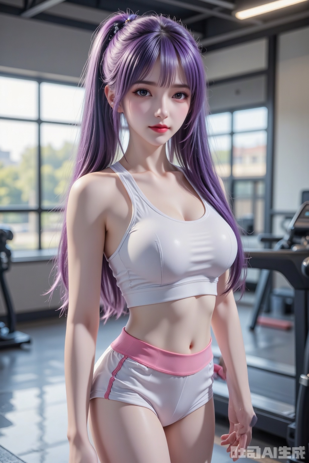 Masterpiece, best quality, high quality, (colorful), small chest, (purple hair: 1.4), (long legs: 1.3),A beautiful girl with long hair,  big breasts, face facing the viewer, upper body photography, high ponytail,pure white  sports vest, shoulderless sports camisole, wet fair skin, water on the body, sweat drops, Shiny skin, sweat on skin, gym background, standing on treadmill, wet body, bright indoor light, realistic light and shadow, professional composition