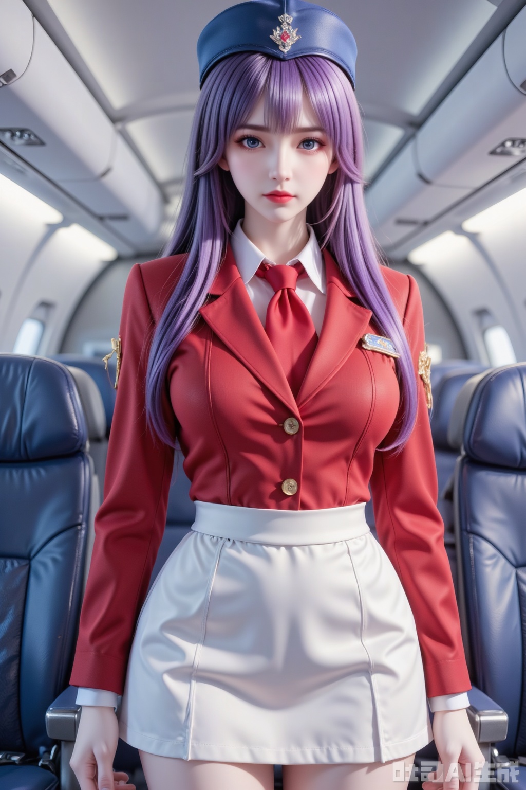 Masterpiece, the best quality, high quality,  huge breasts,,(purple hair:1.4),(long legs:1.3),（thin legs：1.4）,1girl dressed in a red flight attendant's uniform is stunning. She is wearing a white skirt, a white blazer, a red tie, and a blue cap. Her gloves are white, her hair is brown, and her eyes are a piercing blue. She has a serious expression on her face. The interior of an airplane is lined with blue seats, and the ceiling is adorned with white ceiling lights.