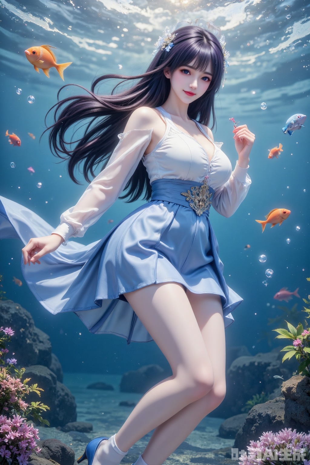 Masterpiece, the best quality, high quality, (colorful) , huge breasts,,(black hair:1.4),(very long legs:1.3),smile, fish, solo, skirt, socks,   blue skirt, knee-length skirt,  looking at audience, high heels, leaning forward,  full-length, realistic, long-sleeved, bubbles, foam,  underwater, looking at audience, grinning, brunette, water, floating hair,  animal, swimming, underwater, ,huaxiangr, high heels,high heels, dress,Lying down