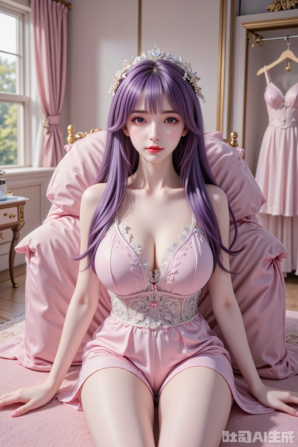Masterpiece, the best quality, high quality,  huge breasts,,(purple hair:1.4),(long legs:1.3),（thin legs：1.4）,1girl,Really photography, high quality, masterpiece, ultra-clear picture quality, a girl with light makeup, long hair, wearing a pink lace nightgown, ultra-thin, ultra-short, bigger bust, fair as jade, long legs, long legs , lying on the big pink bed, with pink gauze curtains on the side, a pink carpet on the ground, a dressing table on the ground, and a clothes rack with a pink wedding dress hanging on it. It has a real light and shadow effect and a professional composition.