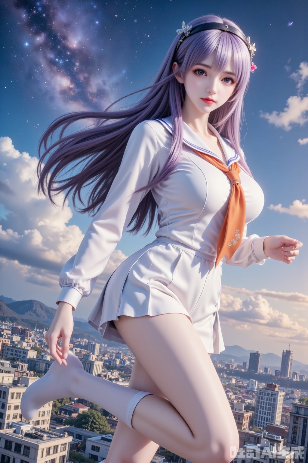 Masterpiece, top quality, high quality, (colorful), small chest, (purple hair: 1.4),, Masterpiece, the best quality, high quality, (colorful) , big breasts,,,(long legs:1.3),,score_9,score_8_up,score_7_up,score_6_up,score_5_up,score_4_up,source_anime,source_cartoon,,firefly \(honkai: star rail\),1girl,solo,skirt,hairband,long hair,grey hair,black hairband,looking at viewer,kneeling,hair intakes,pleated skirt,school uniform,bow,sky,shirt,long sleeves,orange neckerchief,socks,closed mouth,cityscape,white shirt,serafuku,sidelocks,city,multicolored eyes,sailor collar,miniskirt,star \(sky\),neckerchief,skyline,knees up,white socks,building,from above,looking up,