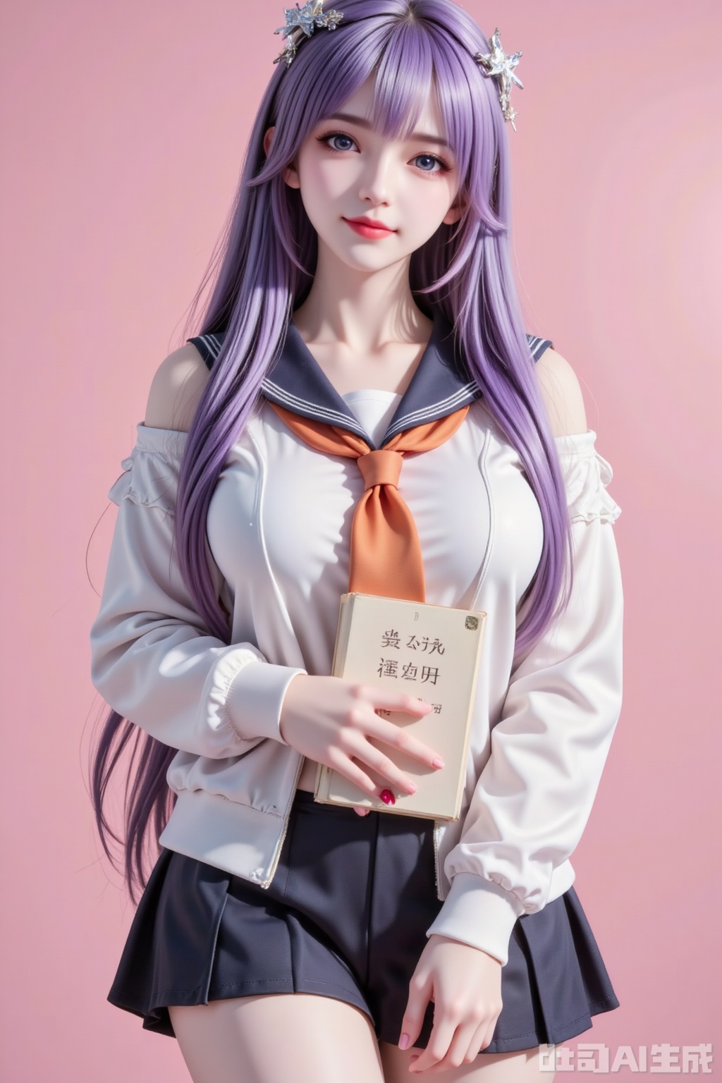 Masterpiece, the best quality, high quality, (colorful) , big breasts,,(purple hair:1.4),(long legs:1.3),1girl, solo, long hair, looking at viewer, blush, smile, bangs, skirt, shirt, hair ornament, long sleeves, holding, hair between eyes, very long hair, closed mouth, school uniform, white eyes, jacket, white shirt, upper body, ahoge, white hair, open clothes, , serafuku, hairclip, puffy sleeves, sailor collar, off shoulder, star \(symbol\), open jacket, neckerchief, head tilt, sleeves past wrists, book, one side up, pink background, cardigan, puffy long sleeves, holding book, black sailor collar, star hair ornament, object hug,best quality,amazing quality,very aesthetic,absurdres,Takamiya mio