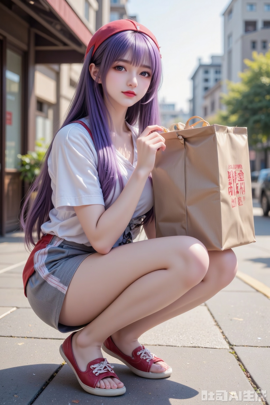 Masterpiece, best quality, high quality, (colorful), small chest, (purple hair: 1.4), (long legs: 1.3),Delivery Girl,A young girl delivering takeout was squatting on the outdoor ground, holding a large takeout bag, seemingly resting.
