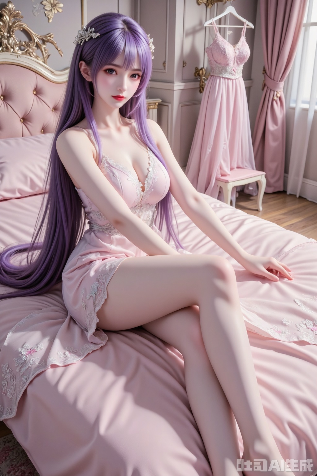 Masterpiece, the best quality, high quality,  huge breasts,,(purple hair:1.4),(long legs:1.3),（thin legs：1.4）,1girl,Really photography, high quality, masterpiece, ultra-clear picture quality, a girl with light makeup, long hair, wearing a pink lace nightgown, ultra-thin, ultra-short, bigger bust, fair as jade, long legs, long legs , lying on the big pink bed, with pink gauze curtains on the side, a pink carpet on the ground, a dressing table on the ground, and a clothes rack with a pink wedding dress hanging on it. It has a real light and shadow effect and a professional composition.