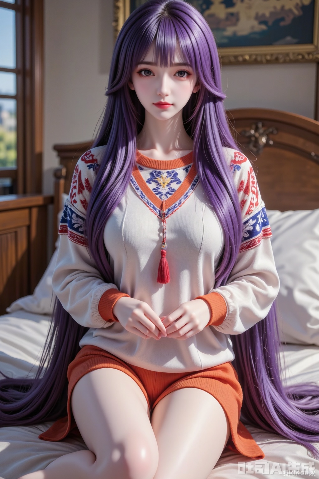 Masterpiece, best quality, high quality, (colorful),, (purple hair: 1.4), (long legs: 1.3),photorealistic,high detailed,((full body)), ((Stunning)), ((8K)), ((Breathtaking)), ((Astounding)), ((Captivating)), ((Spectacular)), 1girl, long  hair, , cute face, brown hair, elegan pose,Realism, tassel,Real photos, realistic,  looking at viewer, colorful sweater:,
