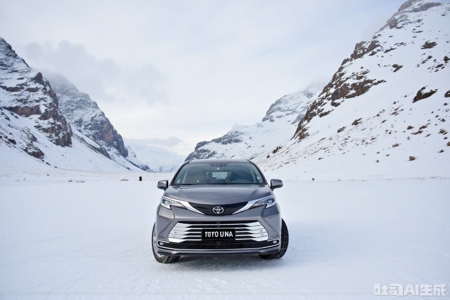 mpv, masterpiece, Snow mountain, a car from Toyota is driving on a snowy mountain,vehicle focus