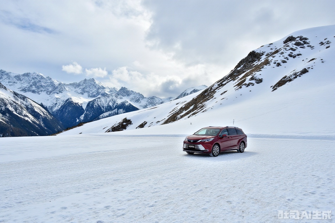 mpv, masterpiece, Snow mountain, a car from Toyota is driving on a snowy mountain,vehicle focus