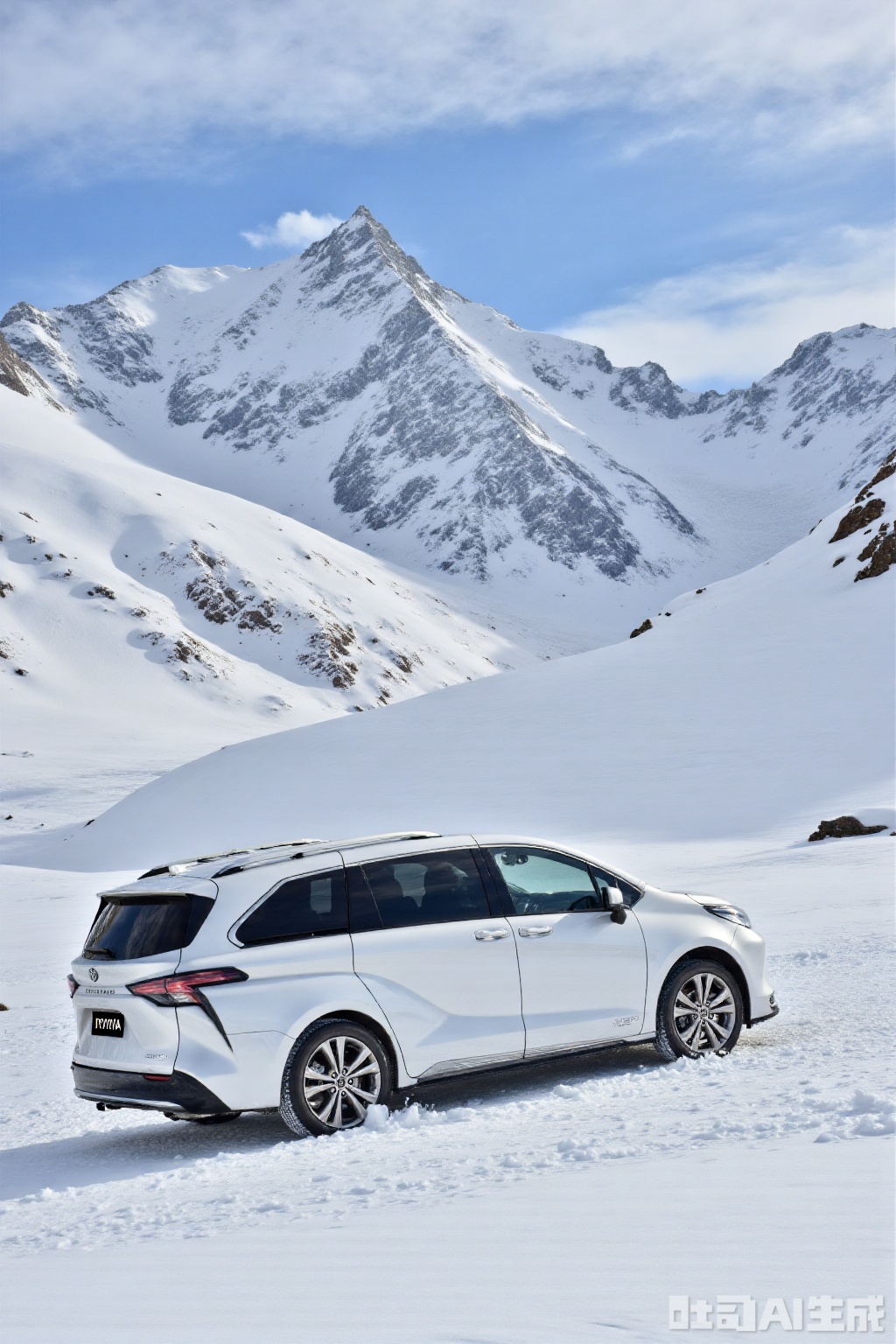 mpv, masterpiece, Snow mountain, a car from Toyota is driving on a snowy mountain