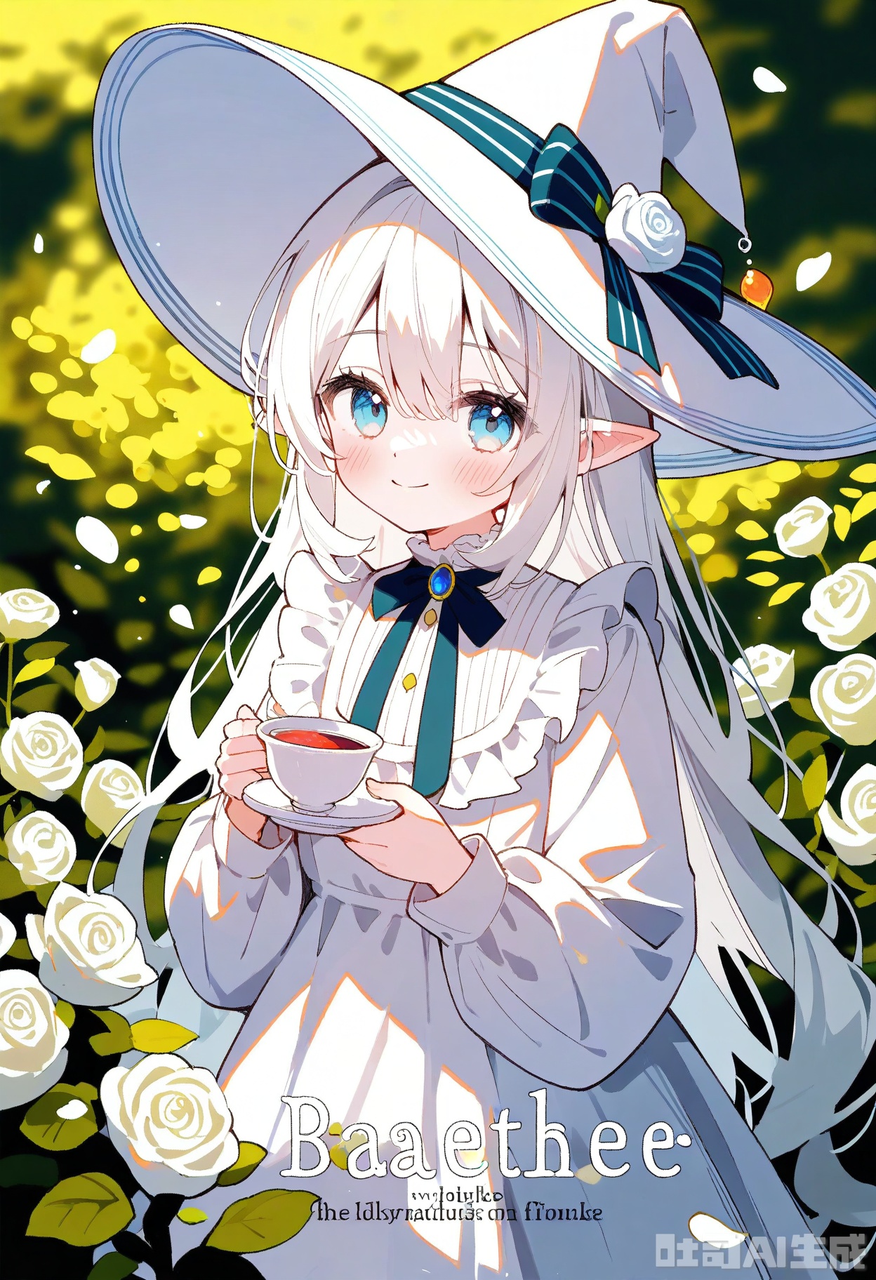 1girl, solo, long hair, looking at viewer, smile, bangs, blue eyes, long sleeves, hat, dress, bow, holding, hair between eyes, very long hair, closed mouth, flower, white hair, frills, pointy ears, white dress, english text, cup, petals, witch hat, rose, white headwear, white flower, teacup, white rose