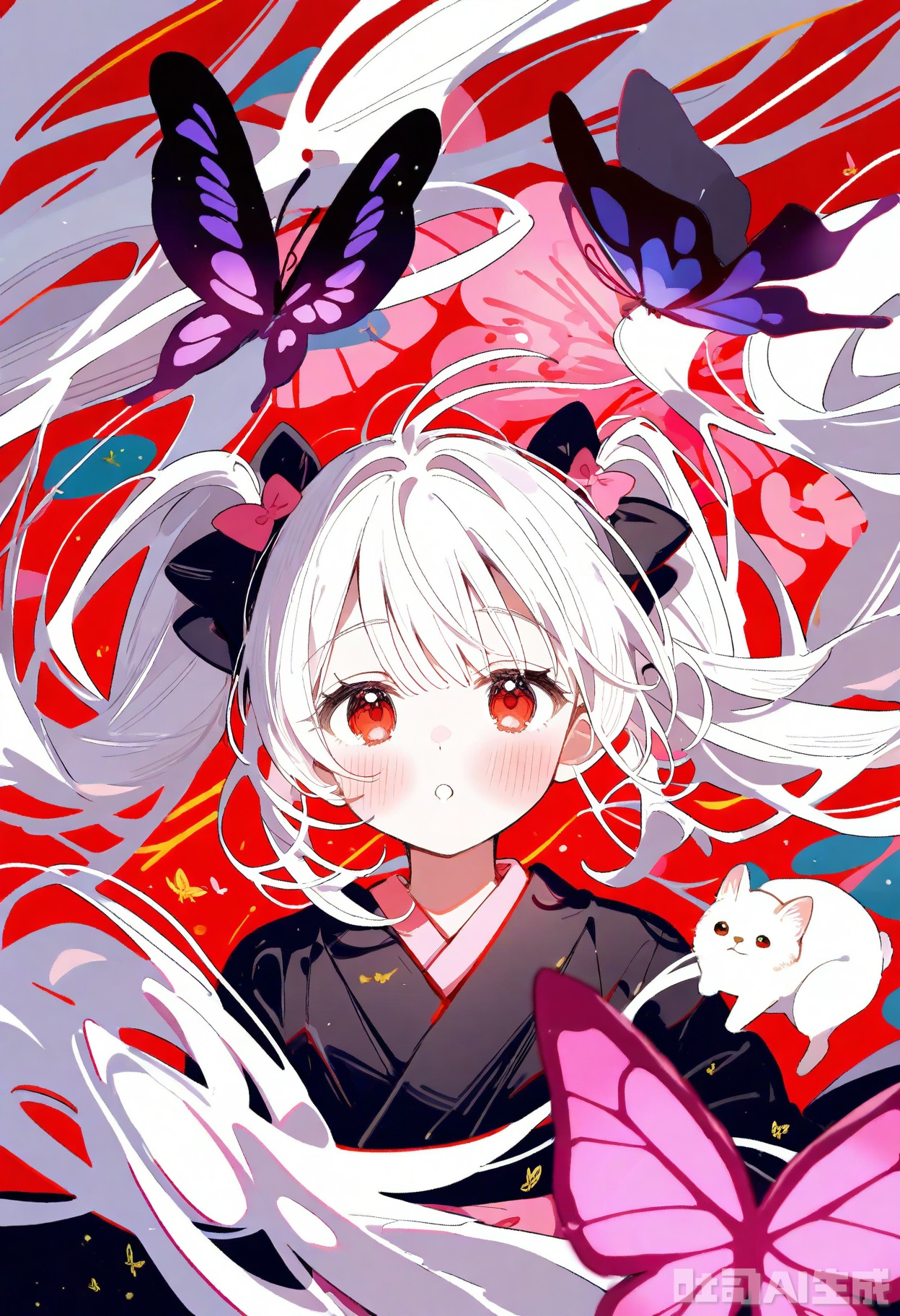 1girl, solo, long hair, looking at viewer, blush, bangs, red eyes, long sleeves, bow, twintails, very long hair, upper body, white hair, hair bow, parted lips, japanese clothes, kimono, blurry, :o, black dress, black bow, floating hair, depth of field, animal, bug, pink bow, butterfly, black kimono

