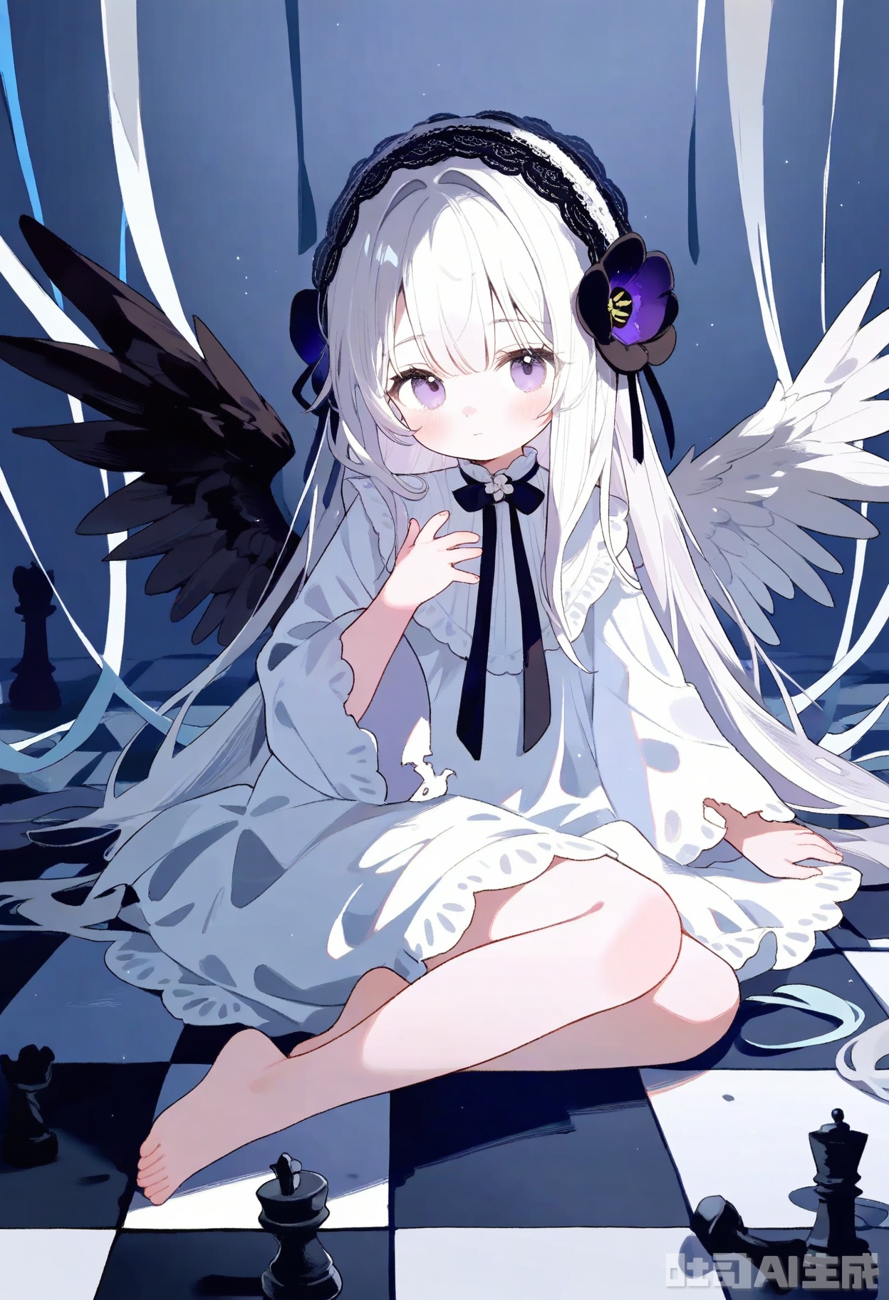 (((artist:nano))),loli,1girl, solo, wings, feathered_wings, long_hair, dress, barefoot, white_hair, looking_at_viewer, black_wings, sitting, chess_piece, bangs, white_dress, very_long_hair, long_sleeves, purple_eyes, bandages, torn_clothes, blue_flower, full_body, black_flower, hair_ornament, flower, hand_up, checkered_floor, hair_flower, wide_sleeves, white_wings, closed_mouth, hairband,petite
