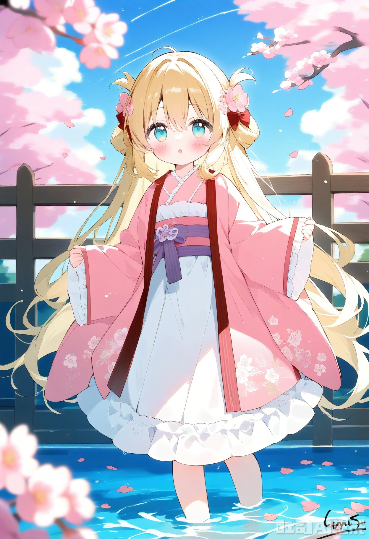loli, 1girl, long hair, solo, blonde hair, water, barefoot, very long hair, looking at viewer, japanese clothes, hair ornament, blue eyes, kimono, day, leaning forward, sky, standing, full body, flower, wide sleeves, hanfu, frills, long sleeves, cloud, blue sky, parted lips, bow, outdoors, pink kimono, cherry blossoms, petals, :o, depth of field, artist name, fence, dress, pink flower, white dress, blurry, hair flower, blush, wading, petals on liquid, hair rings, aqua eyes, open mouth, sleeves past wrists, sash, floral print, hair bow, frilled dress, signature, blurry foreground, hair between eyes


