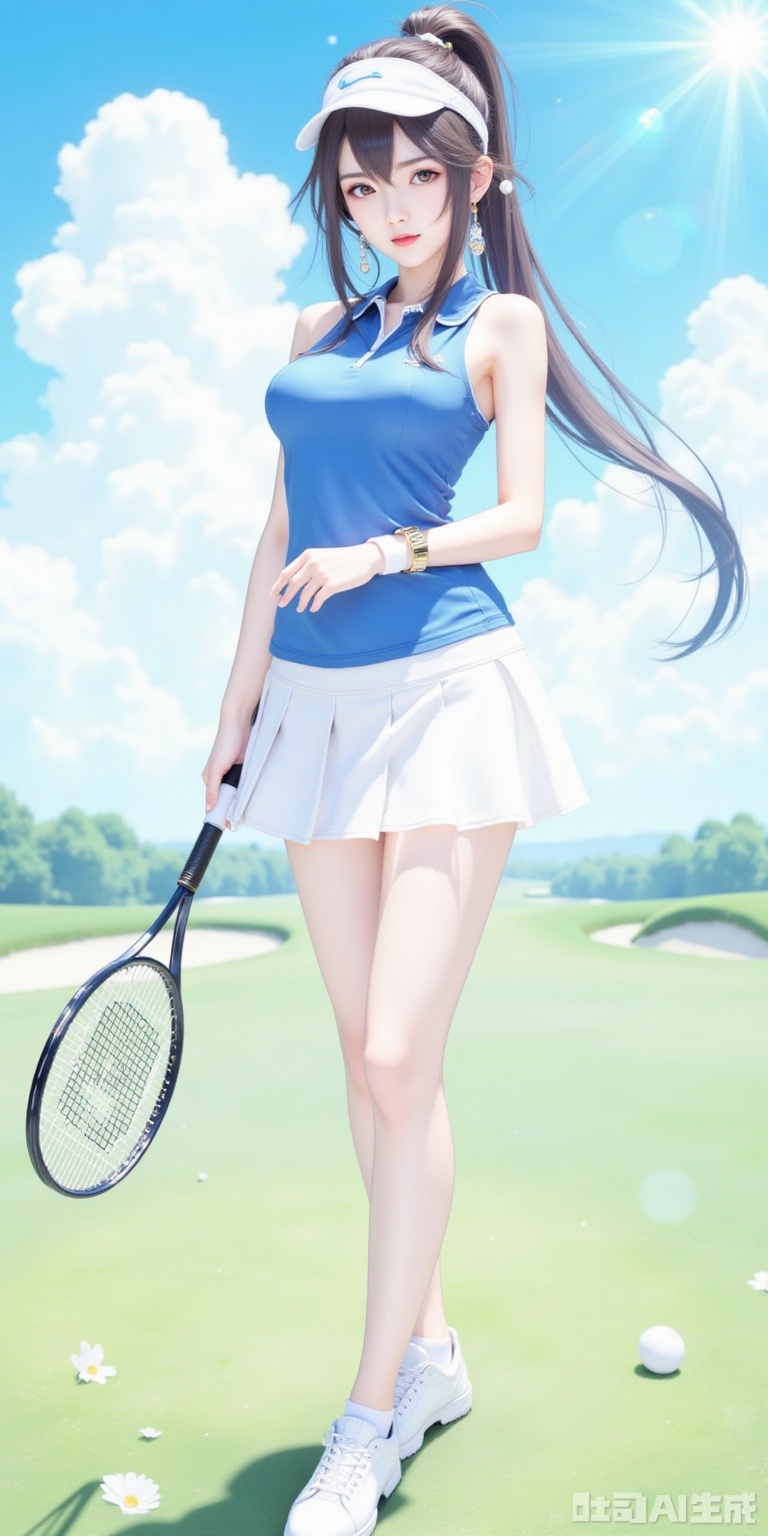 Masterpiece, best quality, high quality, (colorful), medium chest, (blue hair: 1.4), (long legs: 1.5),Masterpiece, best quality, high quality, (colorful), medium chest, (black hair: 1.4), (long legs: 1.3),1girl, solo, long hair, breasts, looking at viewer, skirt, brown hair, shirt, holding, bare shoulders, brown eyes, jewelry, medium breasts, standing, full body, ponytail, outdoors, parted lips, sky, shoes, sleeveless, day, socks, collared shirt, miniskirt, blue sky, lips, sleeveless shirt, white footwear, white skirt, grass, blue shirt, sneakers, sportswear, realistic, visor cap, red lips, tennis uniform, racket, tennis racket, polo shirt, golf club,shiny pantyhose