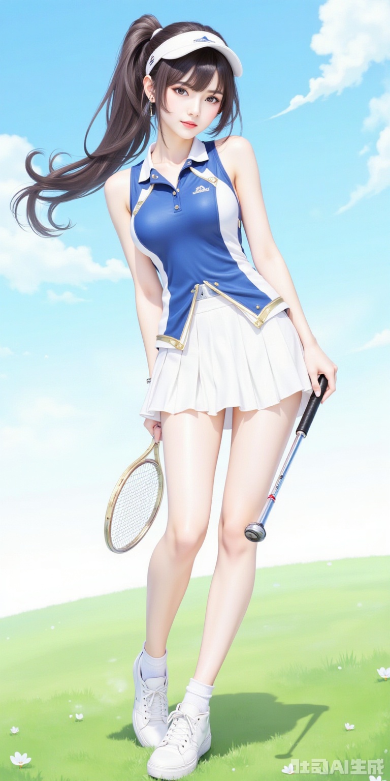Masterpiece, best quality, high quality, (colorful), medium chest, (blue hair: 1.4), (long legs: 1.5),Masterpiece, best quality, high quality, (colorful), medium chest, (black hair: 1.4), (long legs: 1.3),1girl, solo, long hair, breasts, looking at viewer, skirt, brown hair, shirt, holding, bare shoulders, brown eyes, jewelry, medium breasts, standing, full body, ponytail, outdoors, parted lips, sky, shoes, sleeveless, day, socks, collared shirt, miniskirt, blue sky, lips, sleeveless shirt, white footwear, white skirt, grass, blue shirt, sneakers, sportswear, realistic, visor cap, red lips, tennis uniform, racket, tennis racket, polo shirt, golf club,shiny pantyhose