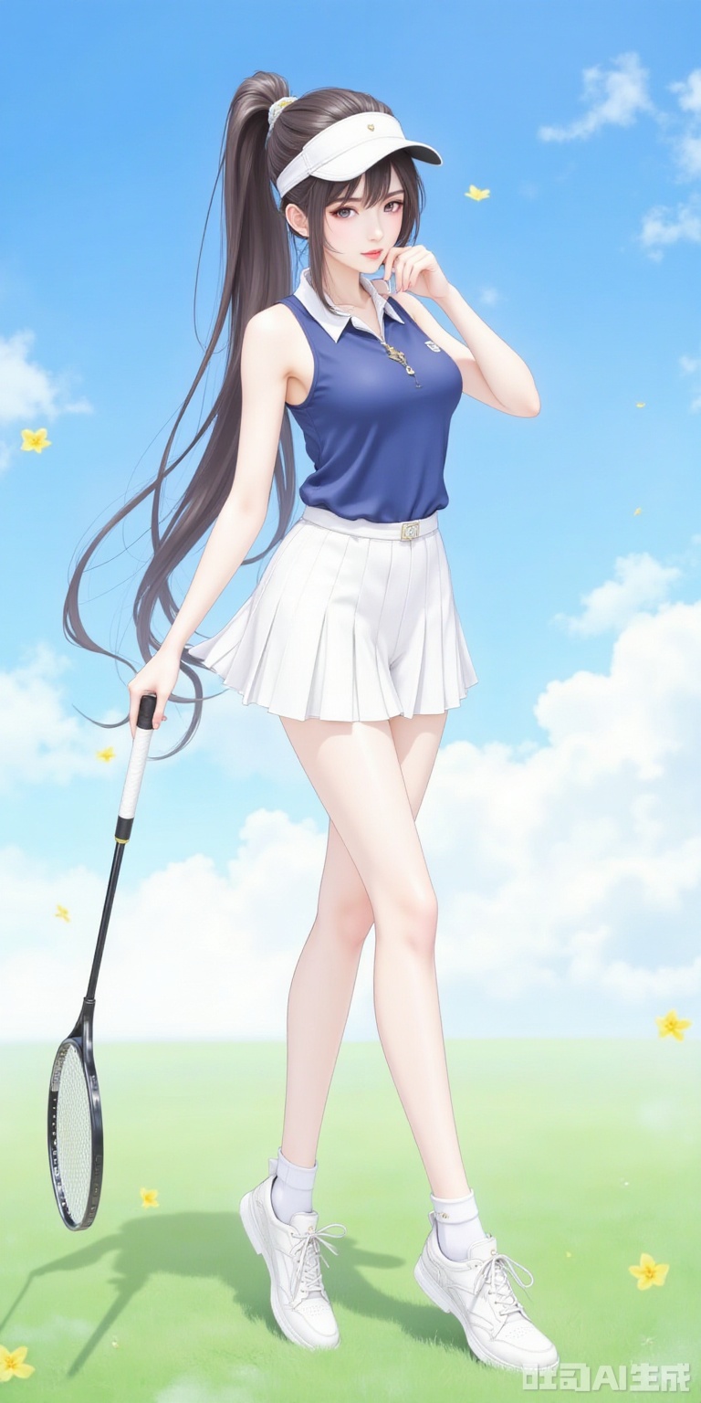 Masterpiece, best quality, high quality, (colorful), medium chest, (blue hair: 1.4), (long legs: 1.5),Masterpiece, best quality, high quality, (colorful), medium chest, (black hair: 1.4), (long legs: 1.3),1girl, solo, long hair, breasts, looking at viewer, skirt, brown hair, shirt, holding, bare shoulders, brown eyes, jewelry, medium breasts, standing, full body, ponytail, outdoors, parted lips, sky, shoes, sleeveless, day, socks, collared shirt, miniskirt, blue sky, lips, sleeveless shirt, white footwear, white skirt, grass, blue shirt, sneakers, sportswear, realistic, visor cap, red lips, tennis uniform, racket, tennis racket, polo shirt, golf club,shiny pantyhose