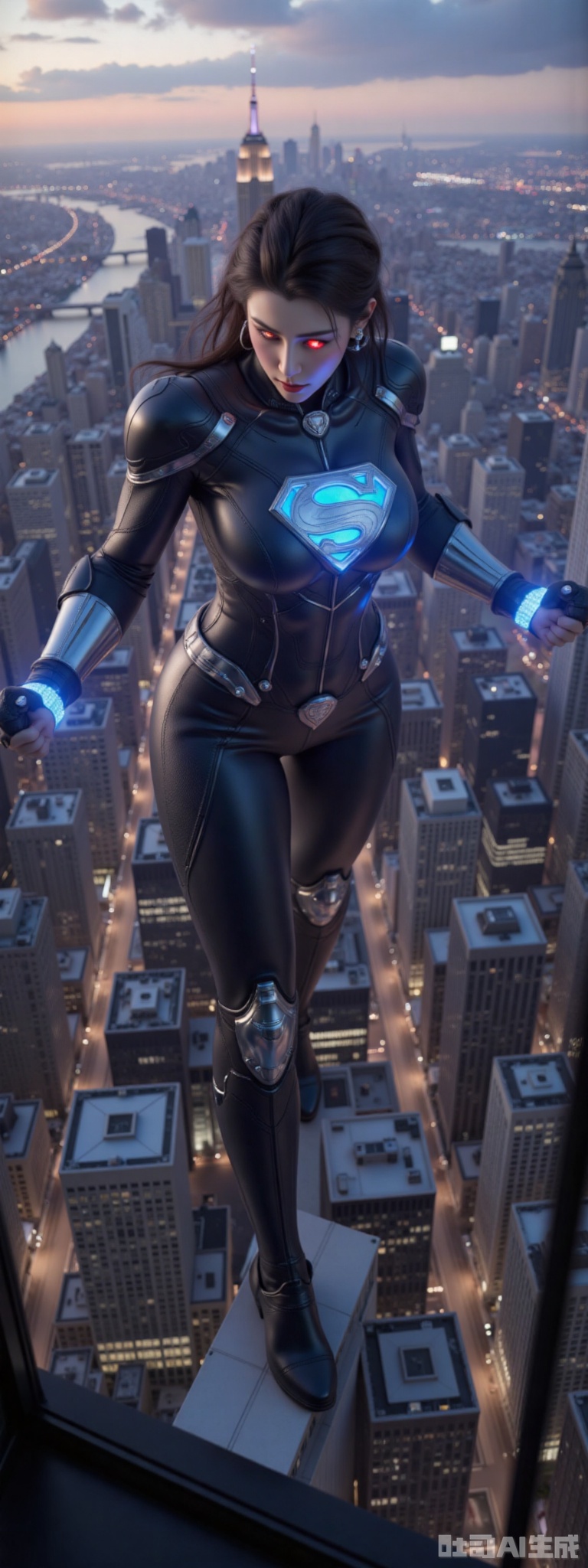 Superwoman, her entire body intricately modified with mechanical enhancements, hovers above the bustling skyline of New York City. Her metallic limbs and glowing red eyes contrast sharply against the night sky, casting eerie shadows upon the skyscrapers below. A fusion of advanced technology and classic superhero aesthetics, this figure exudes a sense of awe and unease. The composition of this picture is dynamic with Superman in the center, while the cityscape forms an intricate backdrop. The perspective structure is aerial, capturing the vastness of New York from above. Her mechanical enhancements include robotic wings that enable flight and glowing blue energy emanating from her chest, reminiscent of a high-tech Kryptonian power source. The scene is set during twilight, with soft ambient light reflecting off the city's buildings and creating a dramatic interplay between light and shadow. In this moment, Superman's primary action involves a subtle but powerful gesture – one arm extended towards a distant horizon, symbolizing his protection over humanity despite his altered form. This scene evokes feelings of both admiration and fear, inviting viewers to ponder the future direction of superhero legends in an increasingly technological world. The painting style is inspired by cyberpunk aesthetics with dark tones and vivid neon accents, paying homage to artists such as Syd Mead and H.R. Giger while also drawing from contemporary digital art trends seen on platforms like Pinterest and MidJourney. The overall effect aims to be visually stunning and thought-provoking, blending classic superhero imagery with futuristic technology in a way that is both beautiful and unsettling.