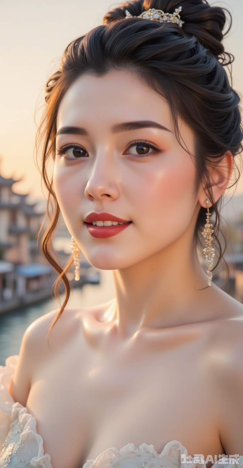A majestic portrait of a goddess-like woman,  set against the serene backdrop of a sunset-rimmed village by a river. Her f...