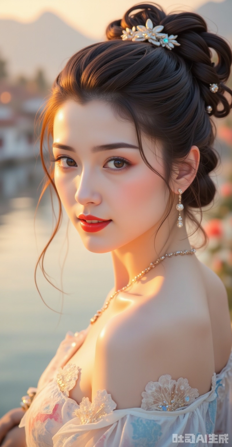 A majestic portrait of a goddess-like woman, set against the serene backdrop of a sunset-rimmed village by a river. Her face is bathed in soft, watercolor-inspired light, with intricate details on her eyebrows and eyes. Her hair, styled in a high updo, flows like silk down her neck. Her lips are painted a vibrant red, and adorned with delicate accessories that catch the fading sunlight. The focus is on her striking features, with a subtle smile playing on her lips as she gazes into the distance.