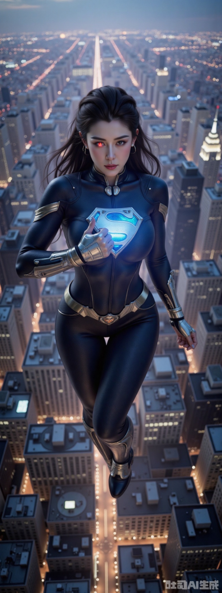 Superwoman, her entire body intricately modified with mechanical enhancements, hovers above the bustling skyline of New York City. Her metallic limbs and glowing red eyes contrast sharply against the night sky, casting eerie shadows upon the skyscrapers below. A fusion of advanced technology and classic superhero aesthetics, this figure exudes a sense of awe and unease. The composition of this picture is dynamic with Superman in the center, while the cityscape forms an intricate backdrop. The perspective structure is aerial, capturing the vastness of New York from above. Her mechanical enhancements include robotic wings that enable flight and glowing blue energy emanating from her chest, reminiscent of a high-tech Kryptonian power source. The scene is set during twilight, with soft ambient light reflecting off the city's buildings and creating a dramatic interplay between light and shadow. In this moment, Superman's primary action involves a subtle but powerful gesture – one arm extended towards a distant horizon, symbolizing his protection over humanity despite his altered form. This scene evokes feelings of both admiration and fear, inviting viewers to ponder the future direction of superhero legends in an increasingly technological world. The painting style is inspired by cyberpunk aesthetics with dark tones and vivid neon accents, paying homage to artists such as Syd Mead and H.R. Giger while also drawing from contemporary digital art trends seen on platforms like Pinterest and MidJourney. The overall effect aims to be visually stunning and thought-provoking, blending classic superhero imagery with futuristic technology in a way that is both beautiful and unsettling.