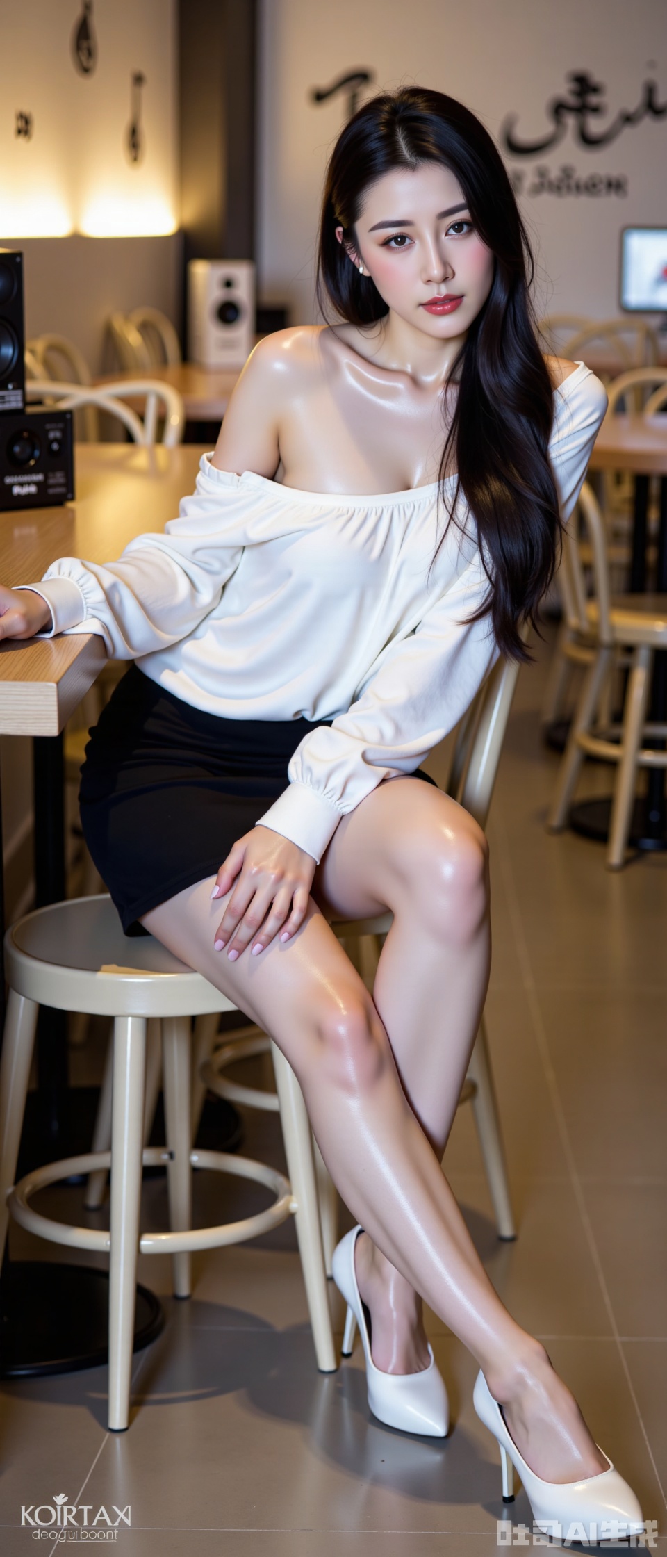 A woman with long black hair cascading naturally down her back sits sideways on a chair. She wears a loose-fitting white blouse, a black mini skirt, and white high-heeled shoes. Her legs are clad in shiny pantyhose. Her right hand rests on the table, while her left hand is gently placed on her leg. The setting is an indoor location, possibly a café or restaurant, with tables, chairs, and audio equipment in the background. Wall decorations and text enhance the ambiance. Lighting is soft, casting a warm and stylish atmosphere. She is centered in the frame, with intricate details visible. Photo taken with a Canon EOS R6 Mark II Mirrorless camera at 35mm f/8 aperture, emphasizing her elegant presence.