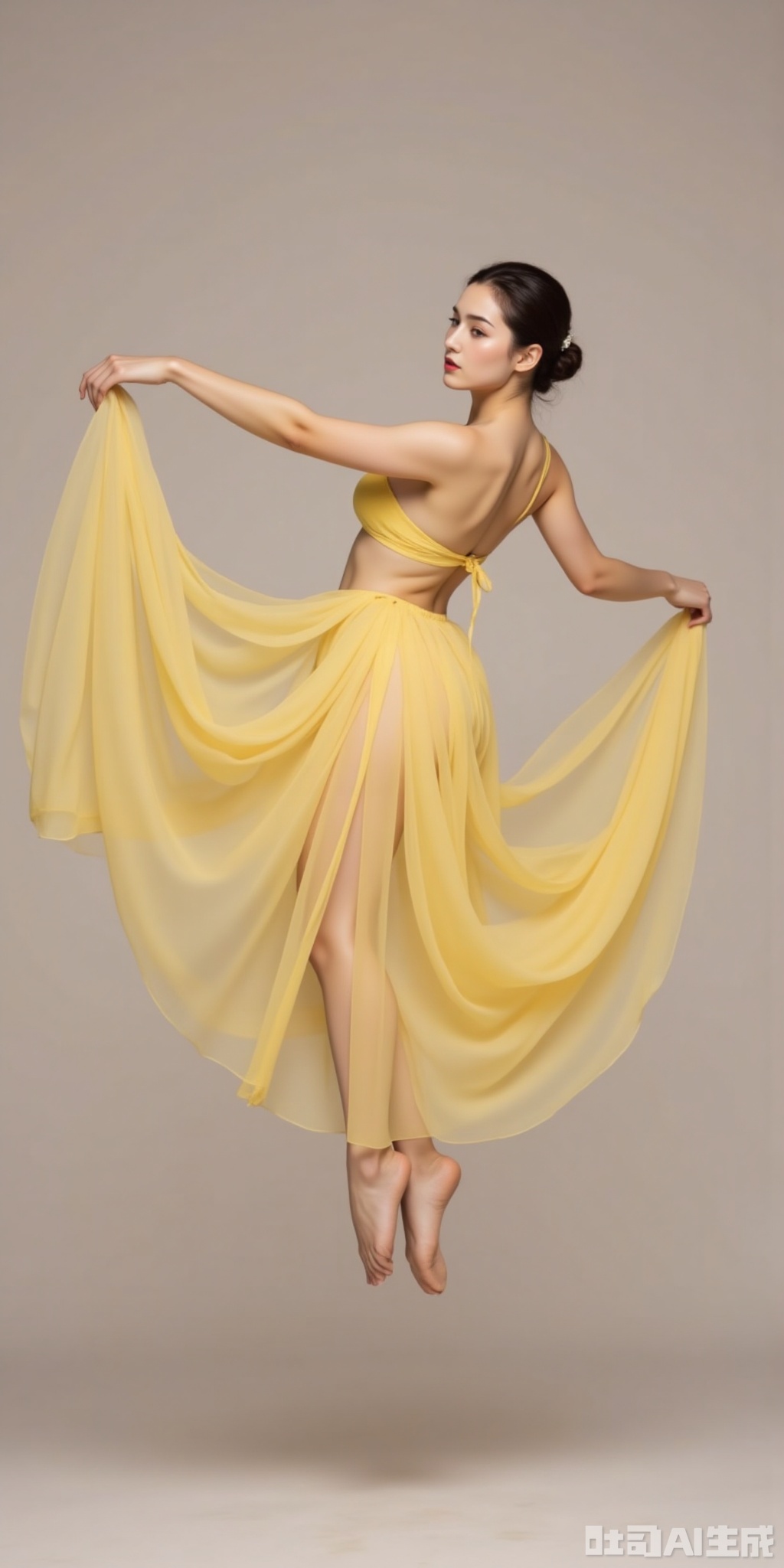 A tall model jumps into the air, her yellow dance skirt floating and forming a fan. The large, layered tulle skirt is irregularly distributed in the air, covering her stretched legs. A solid color background enhances the focus. Her hair is tied, and she faces the camera with elegance and movement. The proportion captures detailed motion and grace.