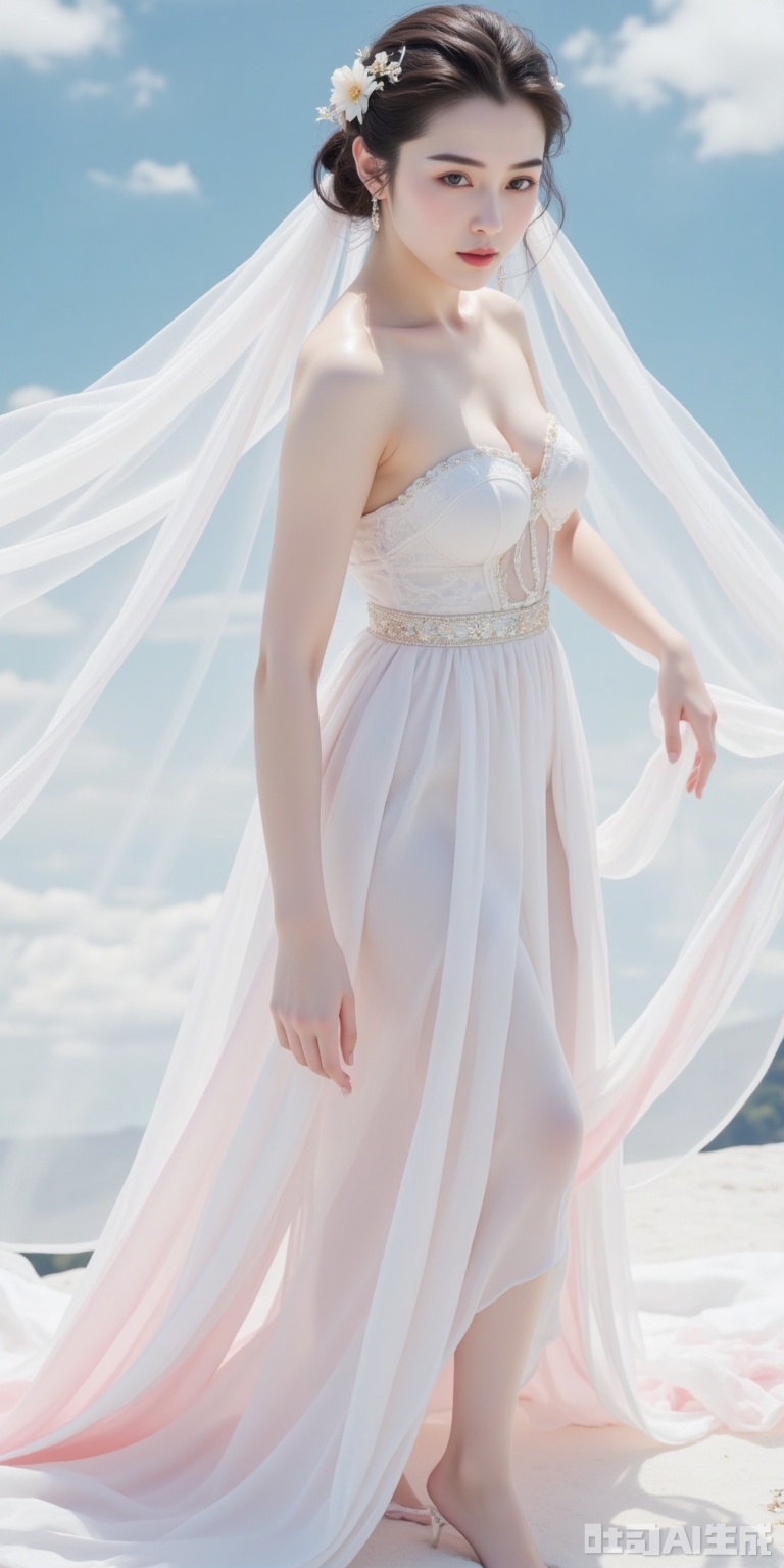 reality show. 16k, ultra-clear picture quality, characters, beautiful appearance, skin is better than snow, eyebrows are like distant mountains and dark, and eyes are like autumn water and affection. Flower earrings, the spring breeze blows on the face, warm and friendly. The composition is unique, super texture and beautiful. Sky background, bright light, ultra-thin simple three-color gradient silk skirt, 7 clones, long legs, hands spread to both sides