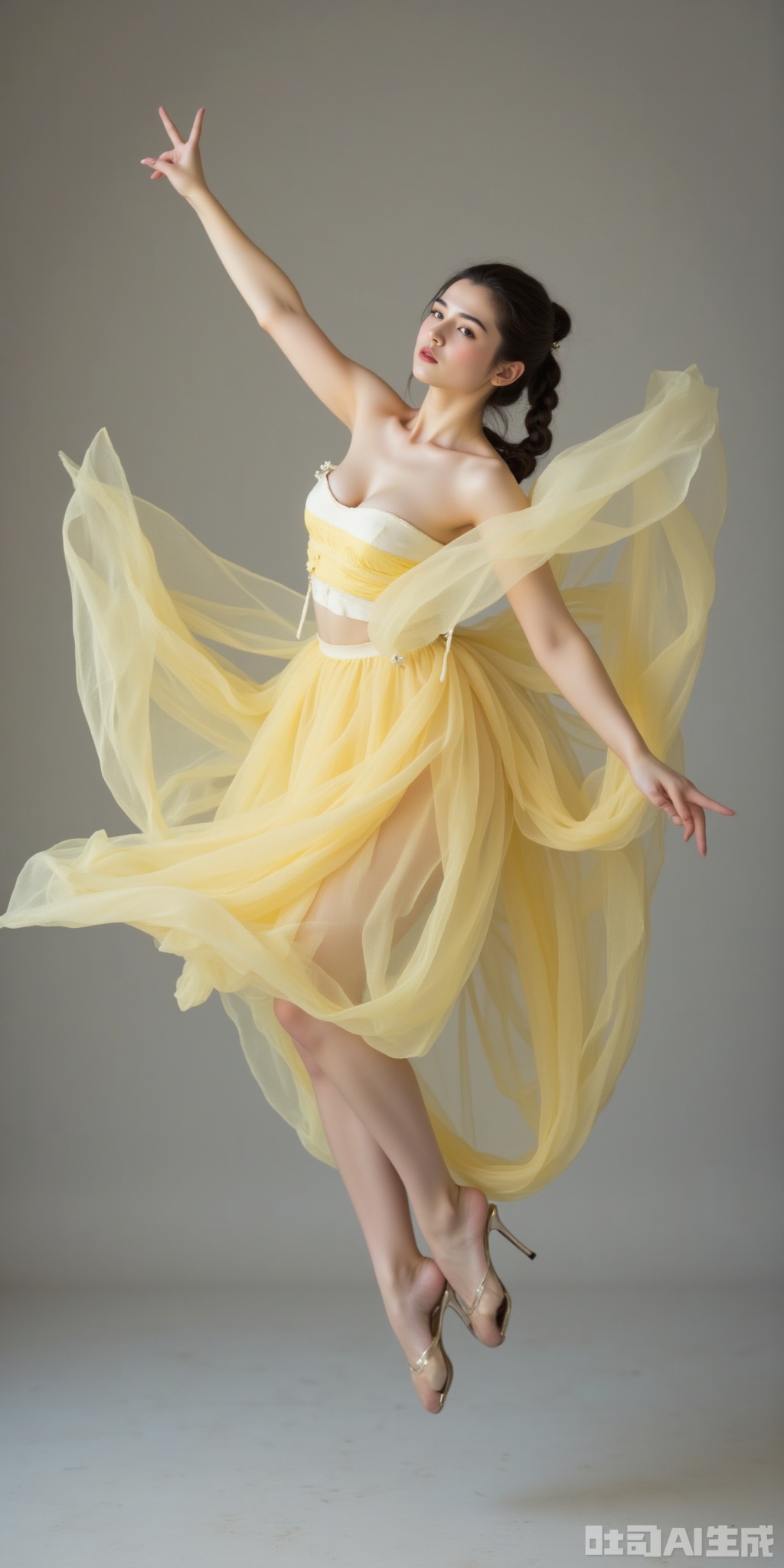 A tall model jumps into the air, her yellow dance skirt floating and forming a fan. The large, layered tulle skirt is irregularly distributed in the air, covering her stretched legs. A solid color background enhances the focus. Her hair is tied, and she faces the camera with elegance and movement. The proportion captures detailed motion and grace.