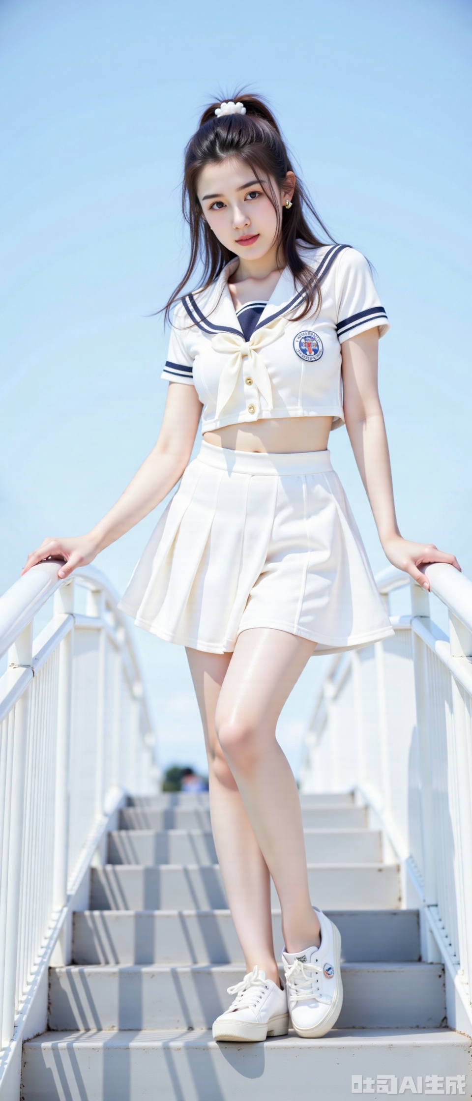 A masterwork of real photography captures a stunning girl clad in a crisp white sailor uniform, her short-sleeved white skirt fluttering gently. Her high ponytail is neatly secured as she stands confidently on the staircase, grasping the white steel frame handrail for balance. The clean blue sky serves as a brilliant backdrop, while the low-angle view from below emphasizes her stature. Natural light dances across her features, illuminating her radiant smile and captivating pose. photo backgroundphoto taken with a Canon EOS R6 Mark II Mirrorless camera in the style of 35mm f/8 aperture, intricate details.dlrb,hsw,wet,water,beauty,anhei,large natural breast,huge Breasts,cleavage,shengdan,zly,soft breastsdlrb,hsw,wet,water,beauty,anhei,large natural breast,black pantyhose,ddw,shiny pantyhose