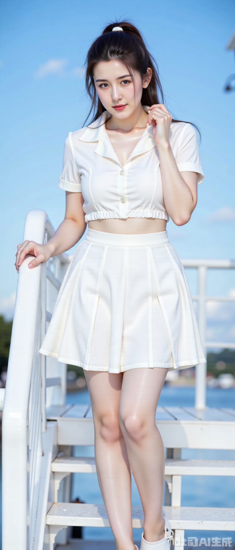 A masterwork of real photography captures a stunning girl clad in a crisp white sailor uniform, her short-sleeved white skirt fluttering gently. Her high ponytail is neatly secured as she stands confidently on the staircase, grasping the white steel frame handrail for balance. The clean blue sky serves as a brilliant backdrop, while the low-angle view from below emphasizes her stature. Natural light dances across her features, illuminating her radiant smile and captivating pose. photo backgroundphoto taken with a Canon EOS R6 Mark II Mirrorless camera in the style of 35mm f/8 aperture, intricate details.dlrb,hsw,wet,water,beauty,anhei,large natural breast,huge Breasts,cleavage,shengdan,zly,soft breastsdlrb,hsw,wet,water,beauty,anhei,large natural breast,black pantyhose,ddw,shiny pantyhose
