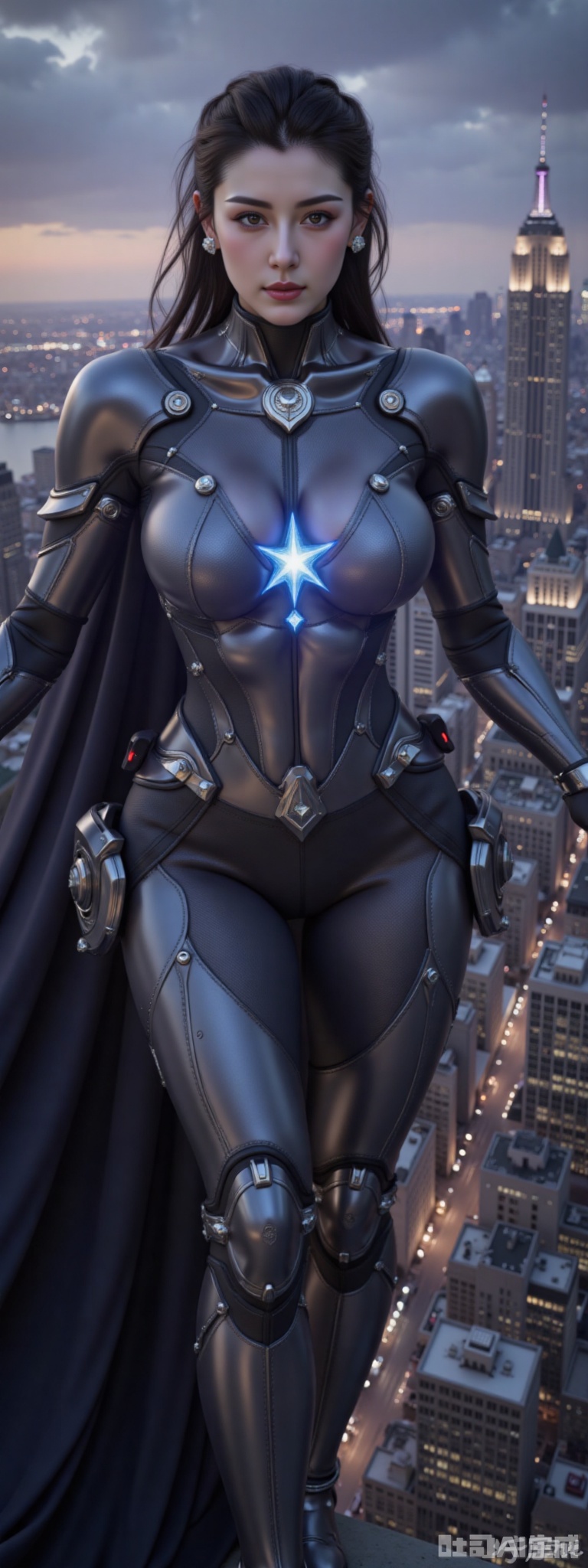 Superwoman, her entire body intricately modified with mechanical enhancements, hovers above the bustling skyline of New York City. Her metallic limbs and glowing red eyes contrast sharply against the night sky, casting eerie shadows upon the skyscrapers below. A fusion of advanced technology and classic superhero aesthetics, this figure exudes a sense of awe and unease. The composition of this picture is dynamic with Superman in the center, while the cityscape forms an intricate backdrop. The perspective structure is aerial, capturing the vastness of New York from above. Her mechanical enhancements include robotic wings that enable flight and glowing blue energy emanating from her chest, reminiscent of a high-tech Kryptonian power source. The scene is set during twilight, with soft ambient light reflecting off the city's buildings and creating a dramatic interplay between light and shadow. In this moment, Superman's primary action involves a subtle but powerful gesture – one arm extended towards a distant horizon, symbolizing his protection over humanity despite his altered form. This scene evokes feelings of both admiration and fear, inviting viewers to ponder the future direction of superhero legends in an increasingly technological world. The painting style is inspired by cyberpunk aesthetics with dark tones and vivid neon accents, paying homage to artists such as Syd Mead and H.R. Giger while also drawing from contemporary digital art trends seen on platforms like Pinterest and MidJourney. The overall effect aims to be visually stunning and thought-provoking, blending classic superhero imagery with futuristic technology in a way that is both beautiful and unsettling.