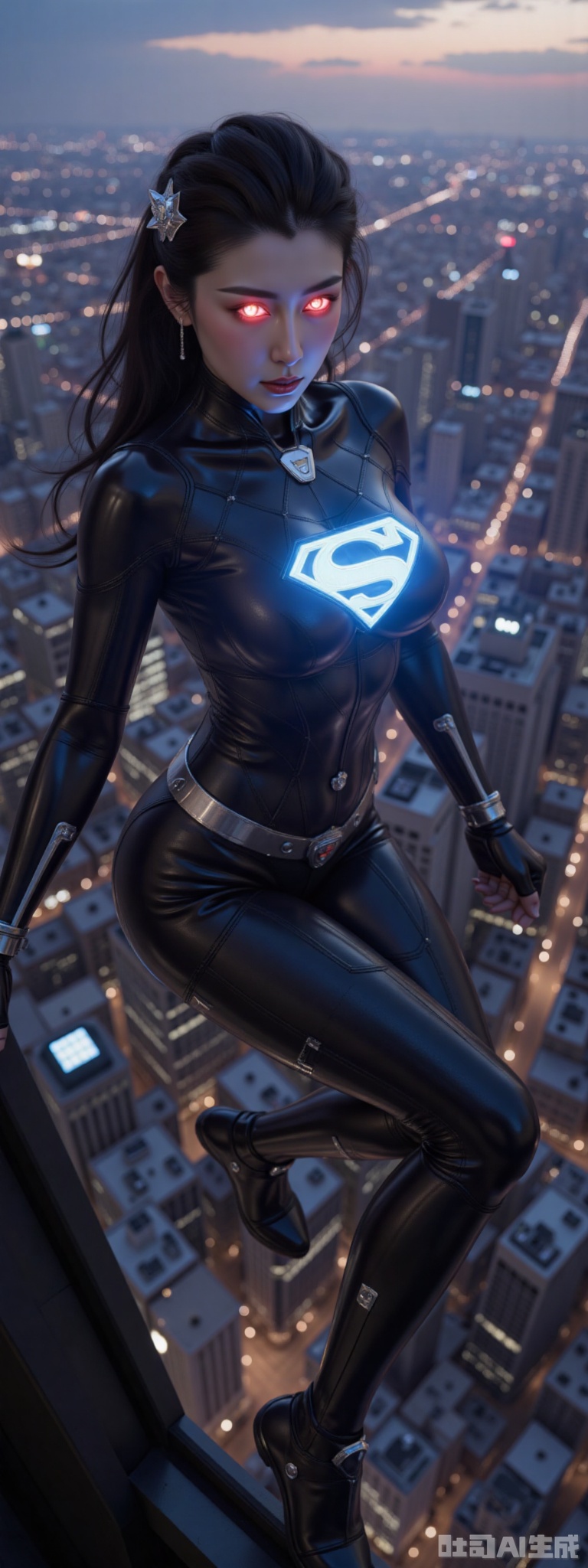 Superwoman, her entire body intricately modified with mechanical enhancements, hovers above the bustling skyline of New York City. Her metallic limbs and glowing red eyes contrast sharply against the night sky, casting eerie shadows upon the skyscrapers below. A fusion of advanced technology and classic superhero aesthetics, this figure exudes a sense of awe and unease. The composition of this picture is dynamic with Superman in the center, while the cityscape forms an intricate backdrop. The perspective structure is aerial, capturing the vastness of New York from above. Her mechanical enhancements include robotic wings that enable flight and glowing blue energy emanating from her chest, reminiscent of a high-tech Kryptonian power source. The scene is set during twilight, with soft ambient light reflecting off the city's buildings and creating a dramatic interplay between light and shadow. In this moment, Superman's primary action involves a subtle but powerful gesture – one arm extended towards a distant horizon, symbolizing his protection over humanity despite his altered form. This scene evokes feelings of both admiration and fear, inviting viewers to ponder the future direction of superhero legends in an increasingly technological world. The painting style is inspired by cyberpunk aesthetics with dark tones and vivid neon accents, paying homage to artists such as Syd Mead and H.R. Giger while also drawing from contemporary digital art trends seen on platforms like Pinterest and MidJourney. The overall effect aims to be visually stunning and thought-provoking, blending classic superhero imagery with futuristic technology in a way that is both beautiful and unsettling.
