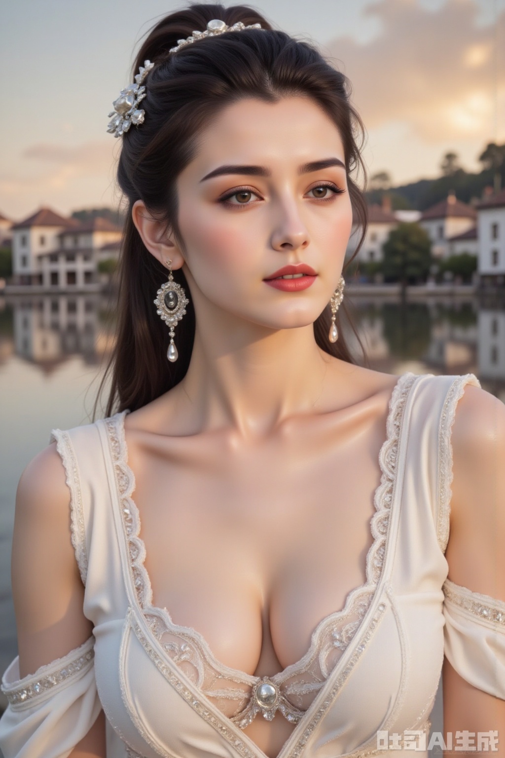 A majestic portrait of a goddess-like woman,  set against the serene backdrop of a sunset-rimmed village by a river. Her f...
