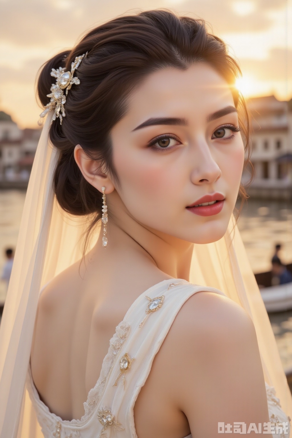 A majestic portrait of a goddess-like woman, set against the serene backdrop of a sunset-rimmed village by a river. Her face is bathed in soft, watercolor-inspired light, with intricate details on her eyebrows and eyes. Her hair, styled in a high updo, flows like silk down her neck. Her lips are painted a vibrant red, and adorned with delicate accessories that catch the fading sunlight. The focus is on her striking features, with a subtle smile playing on her lips as she gazes into the distance.