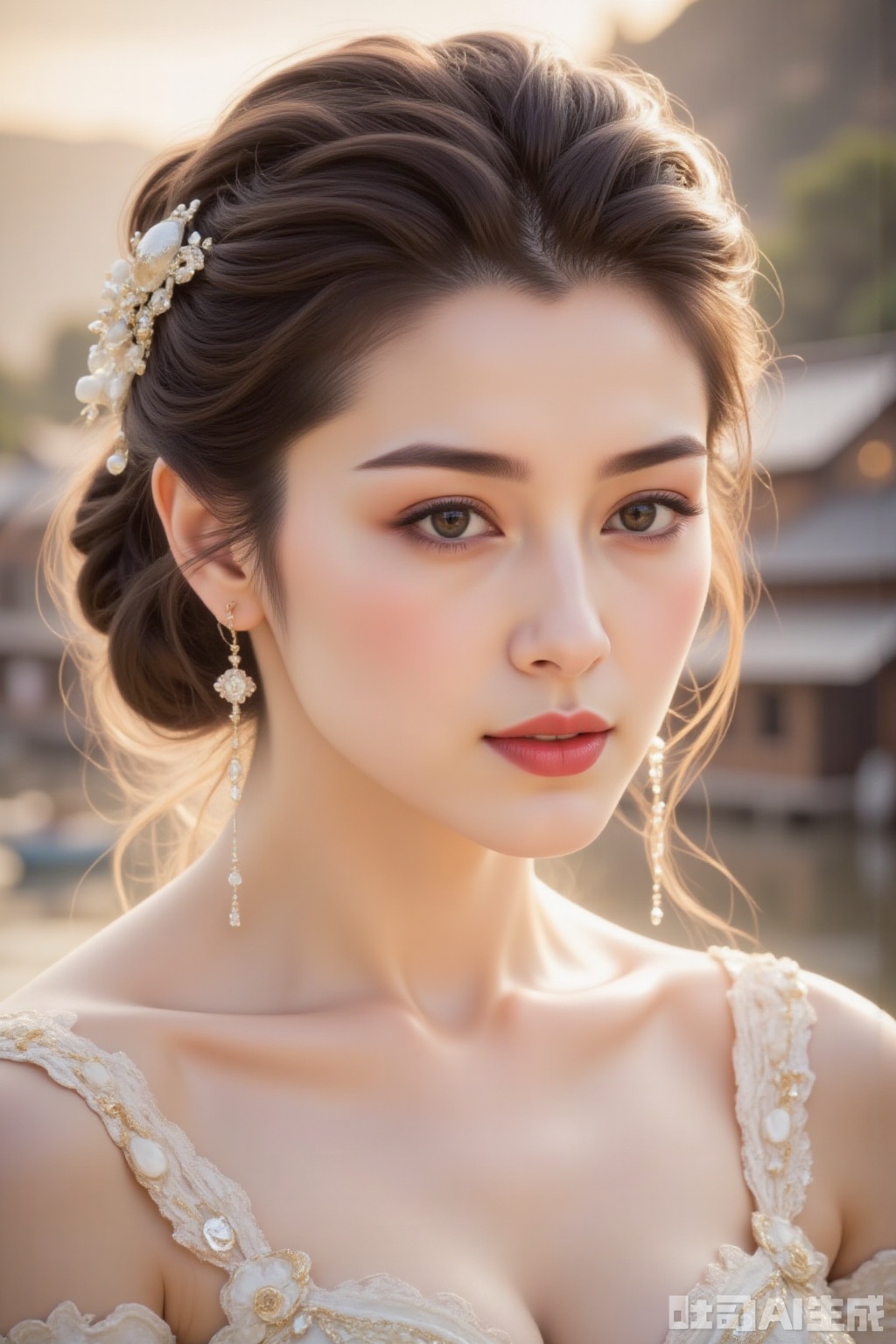 A majestic portrait of a goddess-like woman, set against the serene backdrop of a sunset-rimmed village by a river. Her face is bathed in soft, watercolor-inspired light, with intricate details on her eyebrows and eyes. Her hair, styled in a high updo, flows like silk down her neck. Her lips are painted a vibrant red, and adorned with delicate accessories that catch the fading sunlight. The focus is on her striking features, with a subtle smile playing on her lips as she gazes into the distance.