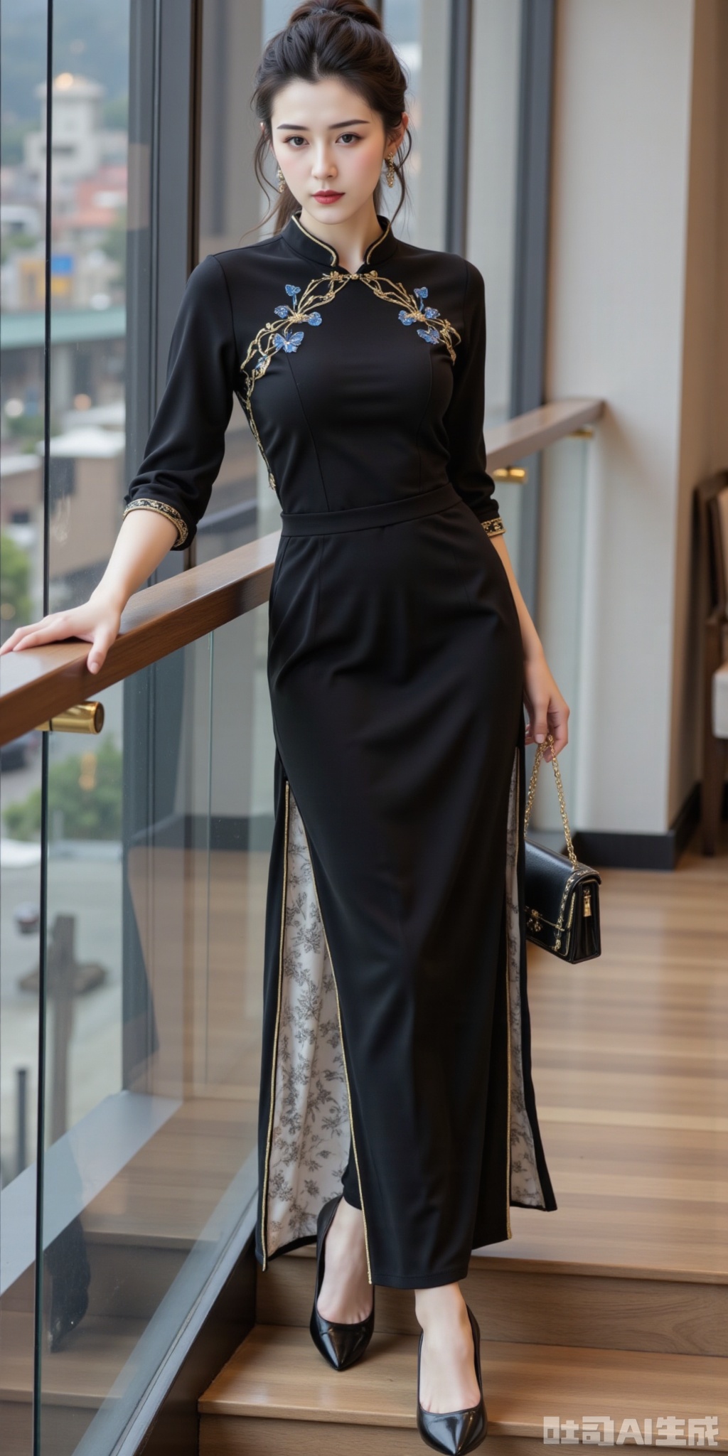 - Clothing color: Black modified cheongsam, paired with golden line decoration and blue butterfly embroidery, creates an atmosphere of "elegant and sexy, ancient and fashionable". Black conveys mystery and dignity, gold adds exquisiteness and gorgeousness, blue butterfly embroidery brings agility and national charm, suitable for national style gatherings, fashion events and other occasions, showing the "unique charm of new Chinese women" and conveying confidence and cold emotions.
- Environmental color: Modern glass curtain walls, wooden floors and urban backgrounds create a fashionable and urban interior scene, making the black cheongsam more prominent, highlighting the fusion charm of the "new Chinese-style improved cheongsam" and the modern environment, conveying a fashionable and modern emotion.
 
Composition
 
- Character and picture layout: The character leans against the glass guardrail in the center of the picture, with an elegant posture, lightly fitting the guardrail with one hand and bag in the other hand, which well shows the overall design and ancient style of the cheongsam, especially the neckline design, butterfly embroidery and slit details. The modern urban elements in the background (such as glass walls, city landscapes, furniture) highlight the fashionable atmosphere, emphasize the fusion of elegance and sexiness and scene atmosphere, interpret the aesthetics of "new Chinese-style improved cheongsam", and can be used for sharing Chinese style outfits, fashionable life display, etc.
 
element
 
- Clothing details: The neckline of the modified black cheongsam is unique, adding to sexy and fashionable; the golden lines outline the exquisiteness; the blue butterfly embroidery conveys the charm of the Chinese style; the slit tailoring enhances agility. These details together create an elegant and sexy new Chinese dressing scene, conveying the pursuit of the integration of Chinese style fashion and modern aesthetics.
- Environmental elements and atmosphere: The modern glass curtain wall, wooden floor and urban background create a fashionable and urban atmosphere, echoing the new Chinese style improved cheongsam style, conveying the pursuit of fashionable life and its own charm, making the scene more modern and national style, and adapting to national style gatherings, fashion events and other occasions.
- Atmosphere creation: The urban indoor environment, elegant posture and unique outfit convey an ancient and fashionable atmosphere, echoing the style of the new Chinese style improved cheongsam, conveying a positive attitude of enjoying the fashion of the Chinese style and showing unique charm, making the entire scene full of fashion appeal and national style warmth, and showing the unique charm of the new Chinese style improved cheongsam.