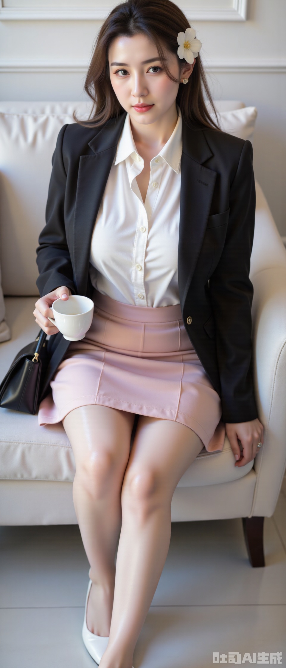 A beautiful female secretary,  high heels, brown hair, necktie, sitting, skirt, pantyhose, shirt, couch, long hair, cup, realistic, indoors, office lady, jacket, flower, white footwear, hair flower, pencil skirt, formal, suit, hairband, white shirt, legs, pillow, holding, bag, blurry, collared shirt, skirt suit, hair ornament, pink skirt , full body photos,photo taken with a Canon EOS R6 Mark II Mirrorless camera in the style of 35mm f/8 aperture, intricate details.dlrb,hsw,wet,water,beauty,anhei,large natural breast,huge Breasts,cleavage,shengdan,zly,soft breastsdlrb,hsw,wet,water,beauty,anhei,large natural breast,shiny pantyhose