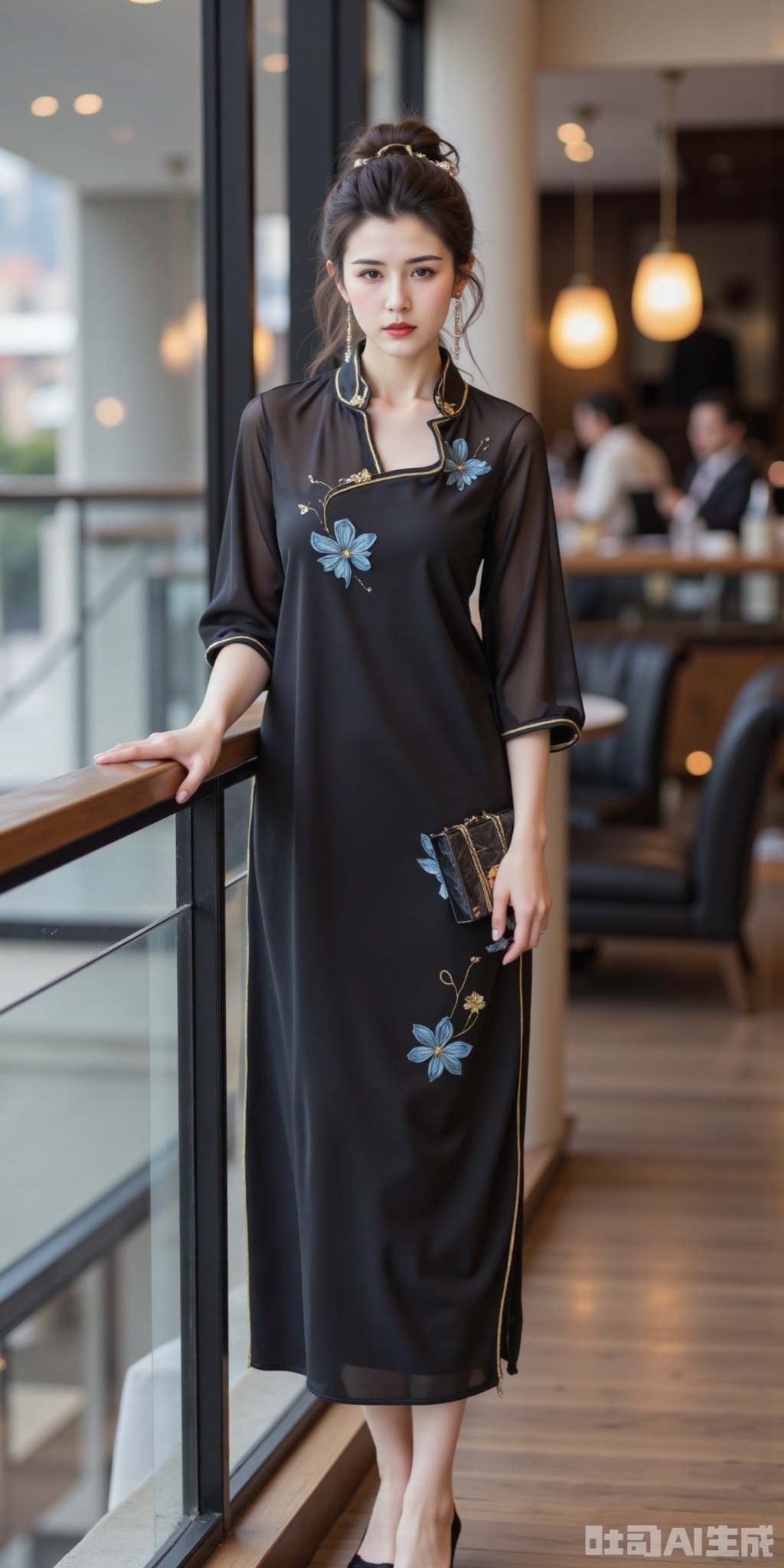 - Clothing color: Black modified cheongsam, paired with golden line decoration and blue butterfly embroidery, creates an atmosphere of "elegant and sexy, ancient and fashionable". Black conveys mystery and dignity, gold adds exquisiteness and gorgeousness, blue butterfly embroidery brings agility and national charm, suitable for national style gatherings, fashion events and other occasions, showing the "unique charm of new Chinese women" and conveying confidence and cold emotions.
- Environmental color: Modern glass curtain walls, wooden floors and urban backgrounds create a fashionable and urban interior scene, making the black cheongsam more prominent, highlighting the fusion charm of the "new Chinese-style improved cheongsam" and the modern environment, conveying a fashionable and modern emotion.
 
Composition
 
- Character and picture layout: The character leans against the glass guardrail in the center of the picture, with an elegant posture, lightly fitting the guardrail with one hand and bag in the other hand, which well shows the overall design and ancient style of the cheongsam, especially the neckline design, butterfly embroidery and slit details. The modern urban elements in the background (such as glass walls, city landscapes, furniture) highlight the fashionable atmosphere, emphasize the fusion of elegance and sexiness and scene atmosphere, interpret the aesthetics of "new Chinese-style improved cheongsam", and can be used for sharing Chinese style outfits, fashionable life display, etc.
 
element
 
- Clothing details: The neckline of the modified black cheongsam is unique, adding to sexy and fashionable; the golden lines outline the exquisiteness; the blue butterfly embroidery conveys the charm of the Chinese style; the slit tailoring enhances agility. These details together create an elegant and sexy new Chinese dressing scene, conveying the pursuit of the integration of Chinese style fashion and modern aesthetics.
- Environmental elements and atmosphere: The modern glass curtain wall, wooden floor and urban background create a fashionable and urban atmosphere, echoing the new Chinese style improved cheongsam style, conveying the pursuit of fashionable life and its own charm, making the scene more modern and national style, and adapting to national style gatherings, fashion events and other occasions.
- Atmosphere creation: The urban indoor environment, elegant posture and unique outfit convey an ancient and fashionable atmosphere, echoing the style of the new Chinese style improved cheongsam, conveying a positive attitude of enjoying the fashion of the Chinese style and showing unique charm, making the entire scene full of fashion appeal and national style warmth, and showing the unique charm of the new Chinese style improved cheongsam.