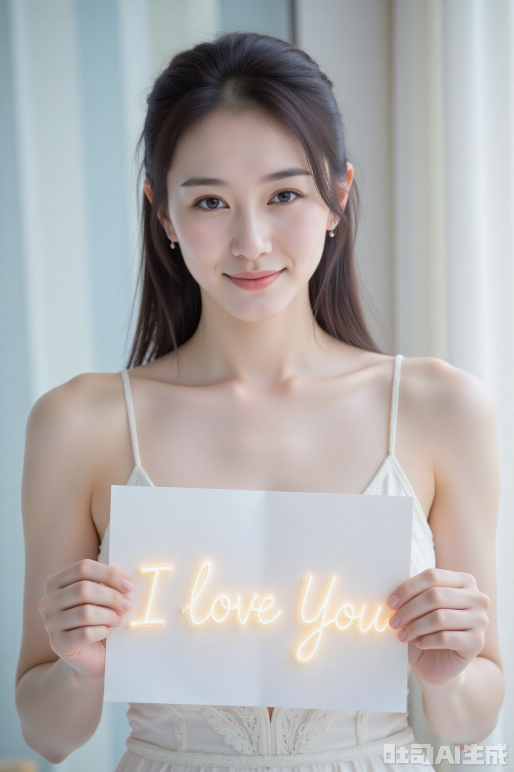 A beautiful Chinese girl appears suddenly in a bright, airy space with a subtle gradient of pale blue and white. Her shy smile is radiant as she holds a paper with the words I LOVE YOU written in glowing, neon-like script that seems to pulse with life. The 8K image is so detailed it appears to leap off the page, with shallow depth of field creating a sense of intimacy.