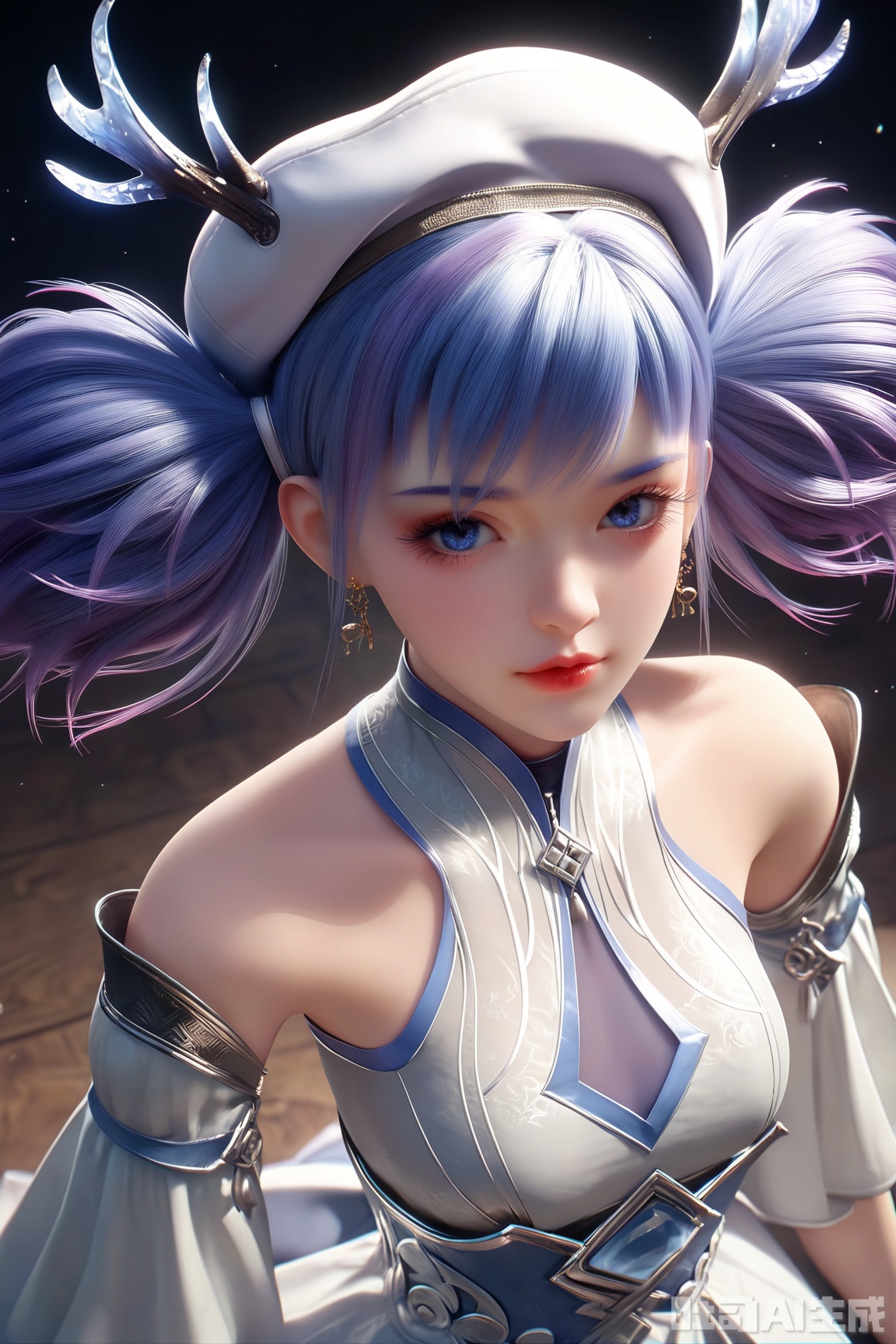 score_9_up,score_8_up,score_7_up,
1girl, solo, breasts, looking at viewer, bangs, blue eyes, hat, dress, bare shoulders, twintails, jewelry, blue hair, upper body, purple hair, earrings, small breasts, detached sleeves, lips, beret, white headwear, full_body,White stockings,