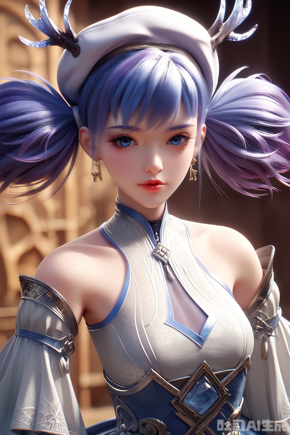 score_9_up,score_8_up,score_7_up,
1girl, solo, breasts, looking at viewer, bangs, blue eyes, hat, dress, bare shoulders, twintails, jewelry, blue hair, upper body, purple hair, earrings, small breasts, detached sleeves, lips, beret, white headwear, 